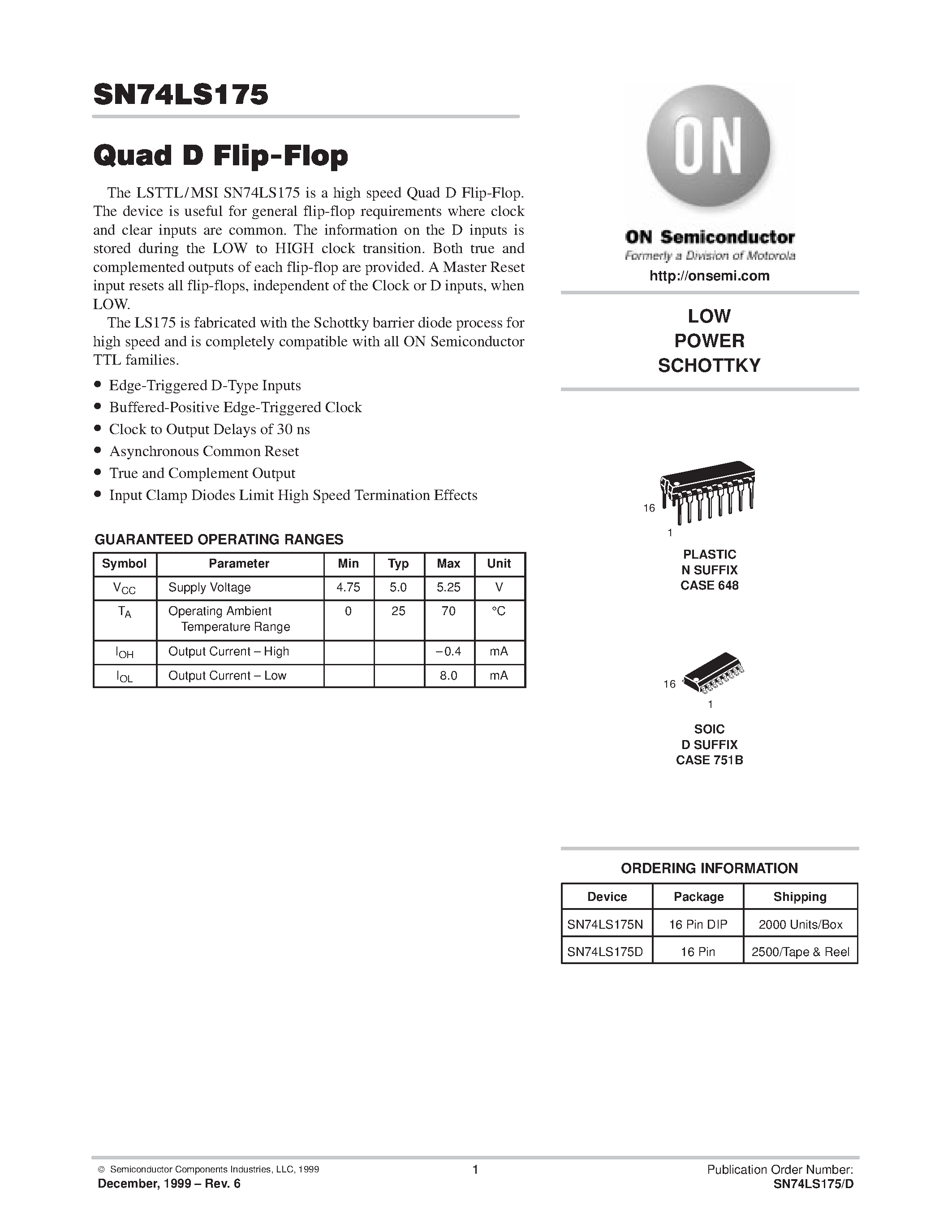 Даташит на микросхему SN74LS175D страница 1 Даташит SN74LS175D - LOW POWER SCHOTTKY страница 1
