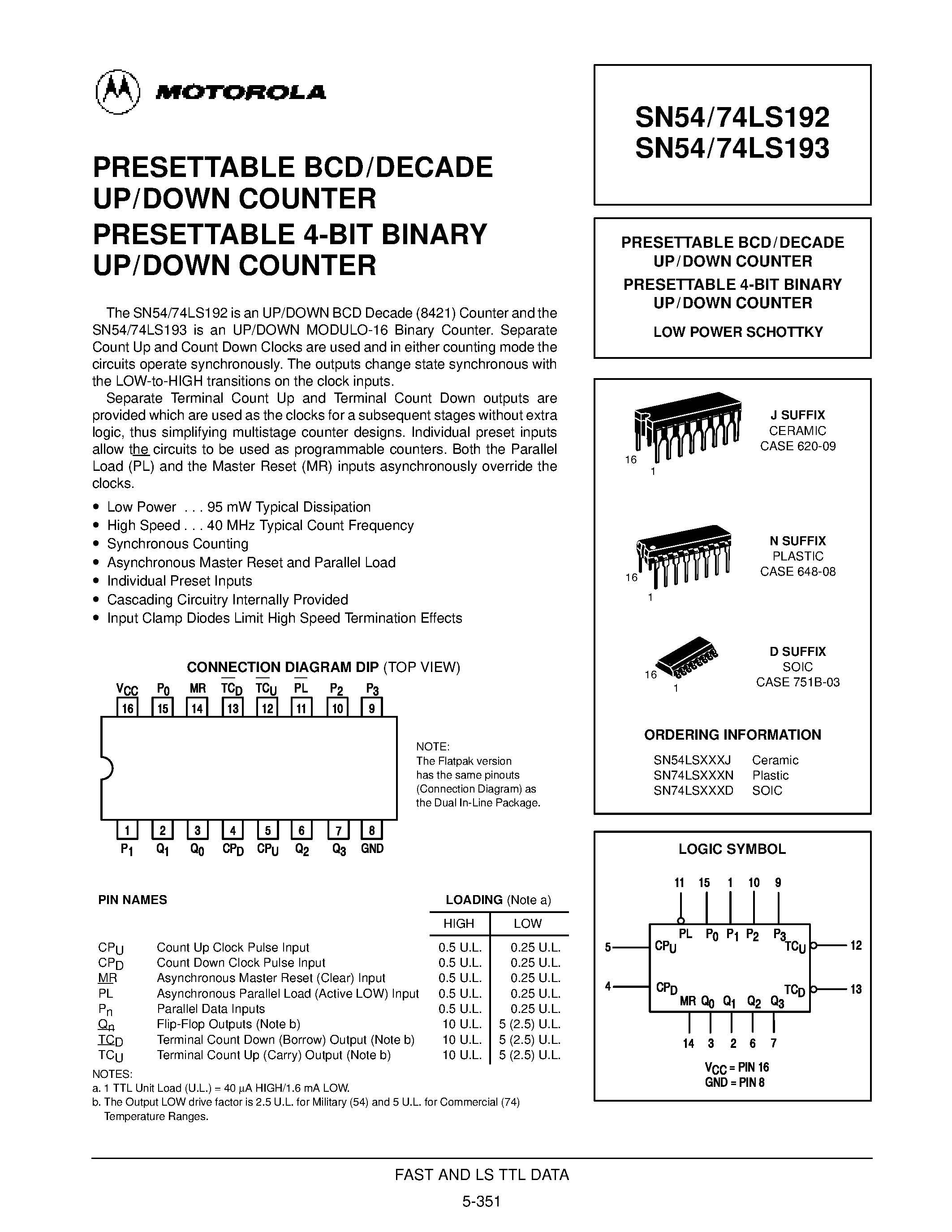 Datasheet SN74LS193 - PRESETTABLE BCD/DECADE UP/DOWN COUNTER PRESETTABLE 4-BIT BINARY UP/DOWN COUNTER page 1