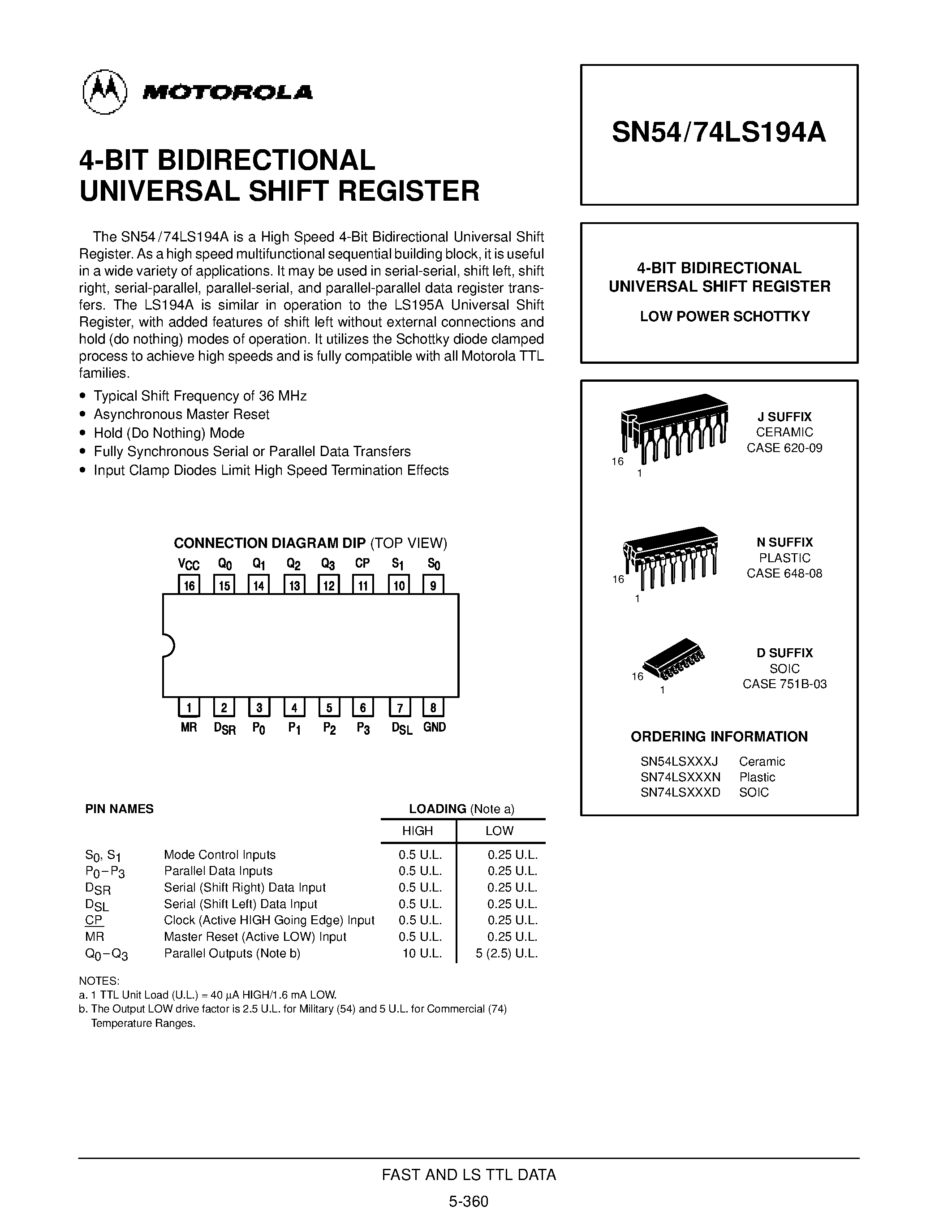 Datasheet SN74LS194D - 4-BIT BIDIRECTIONAL UNIVERSAL SHIFT REGISTER page 1