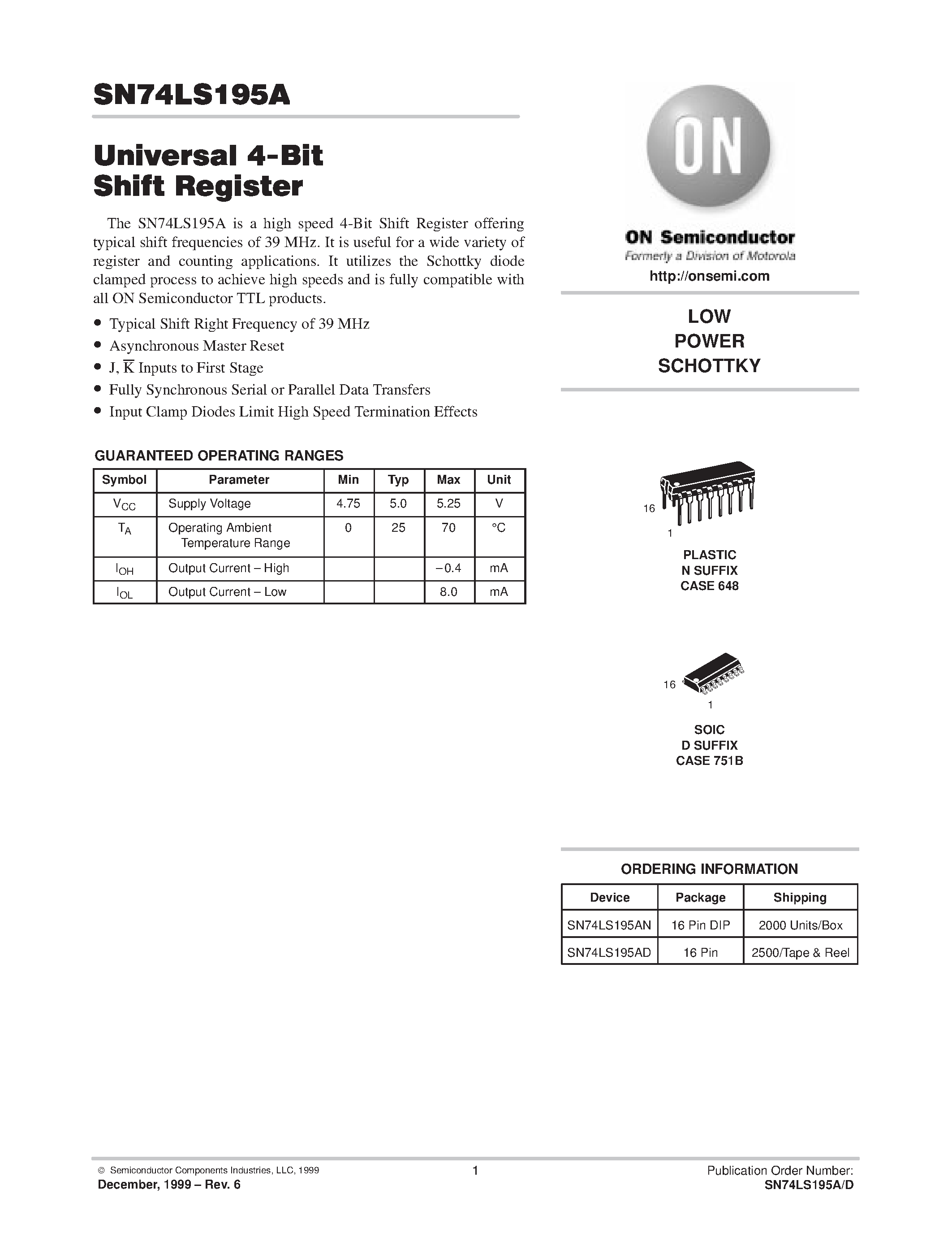Даташит SN74LS195AD - LOW POWER SCHOTTKY страница 1