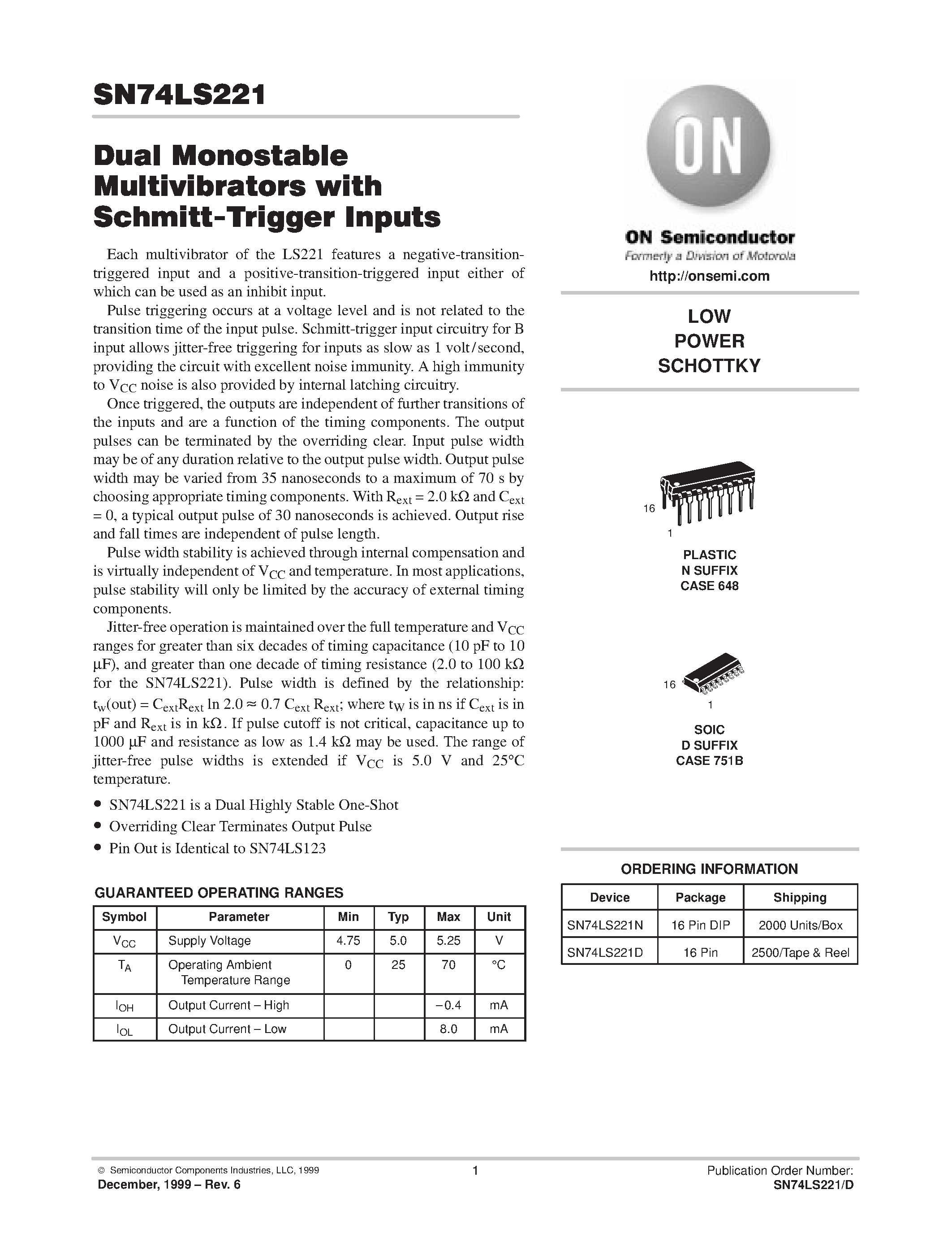 Даташит на микросхему SN74LS221 страница 1 Даташит SN74LS221 - LOW POWER SCHOTTKY страница 1