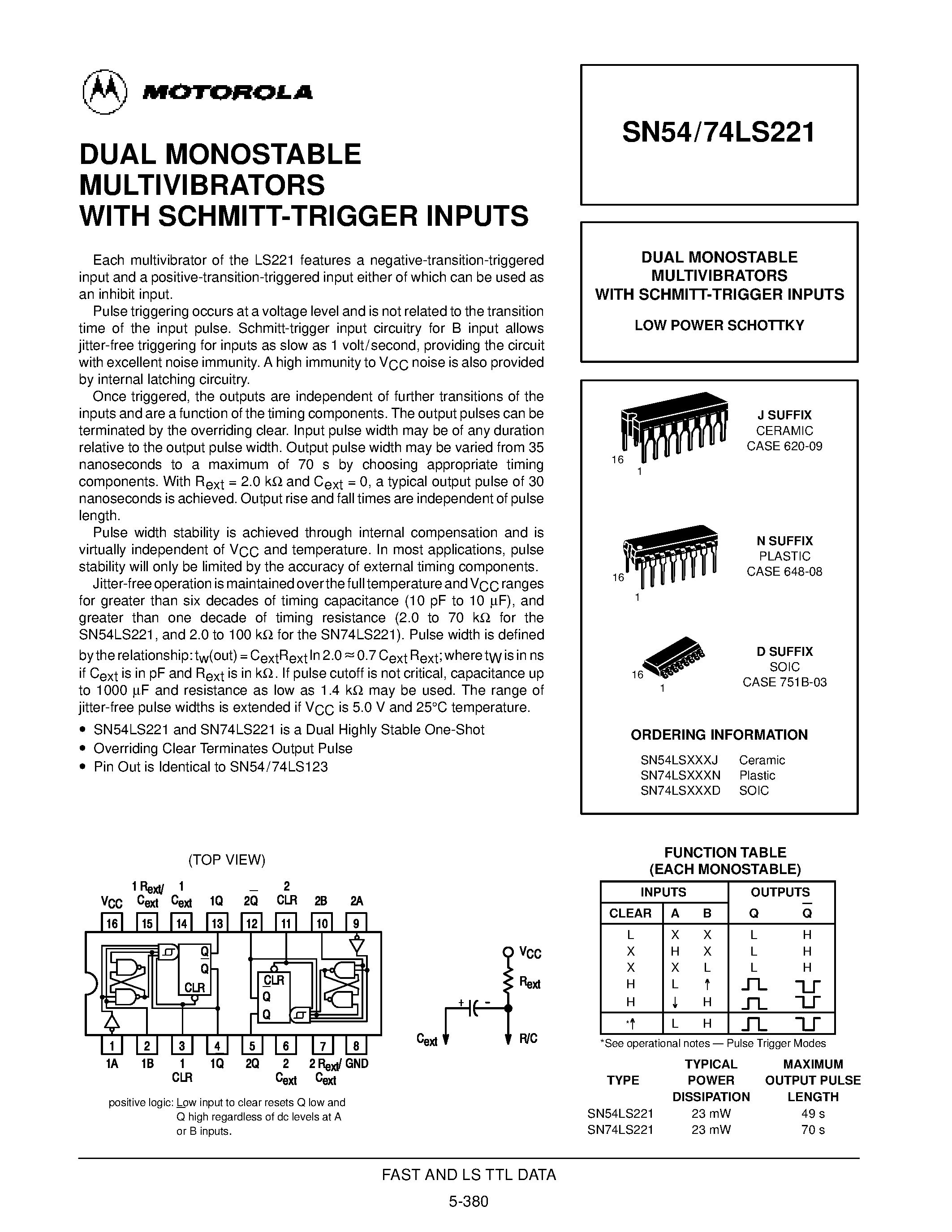 Даташит SN74LS221D - DUAL MONOSTABLE MULTIVIBRATORS WITH SCHMITT-TRIGGER INPUTS страница 1