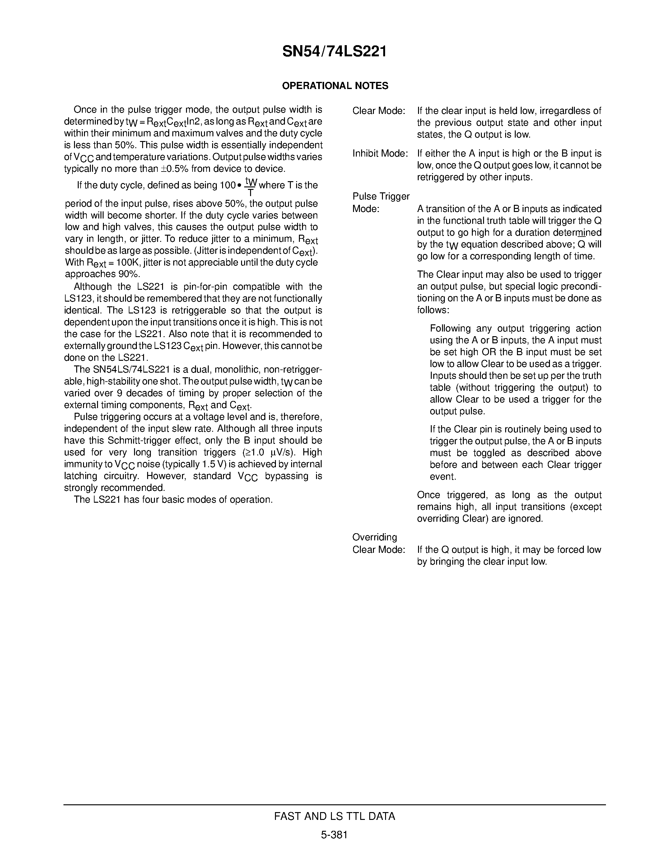 Даташит SN74LS221N - DUAL MONOSTABLE MULTIVIBRATORS WITH SCHMITT-TRIGGER INPUTS страница 2