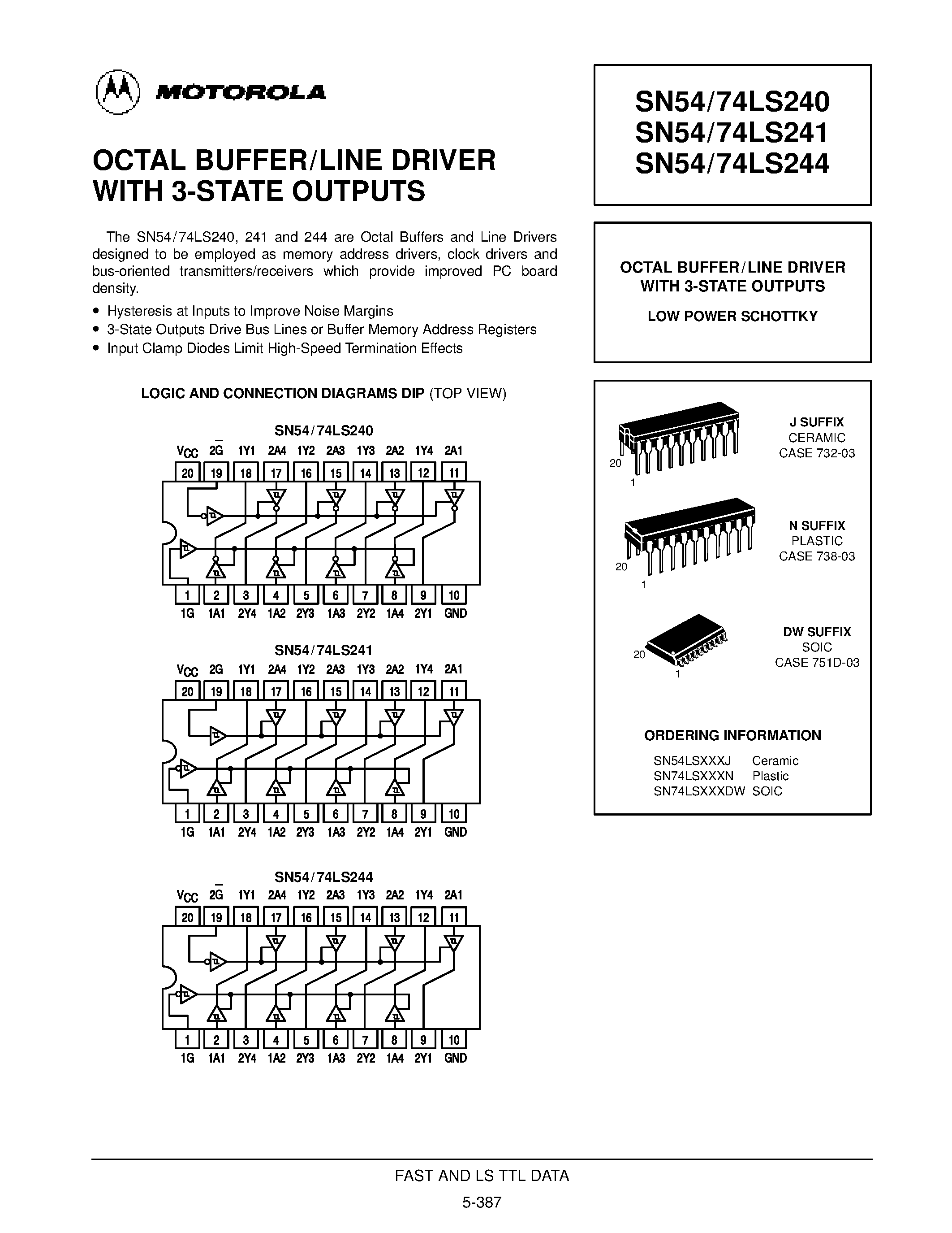 Даташит SN74LS241N - OCTAL BUFFER/LINE DRIVER WITH 3-STATE OUTPUTS страница 1