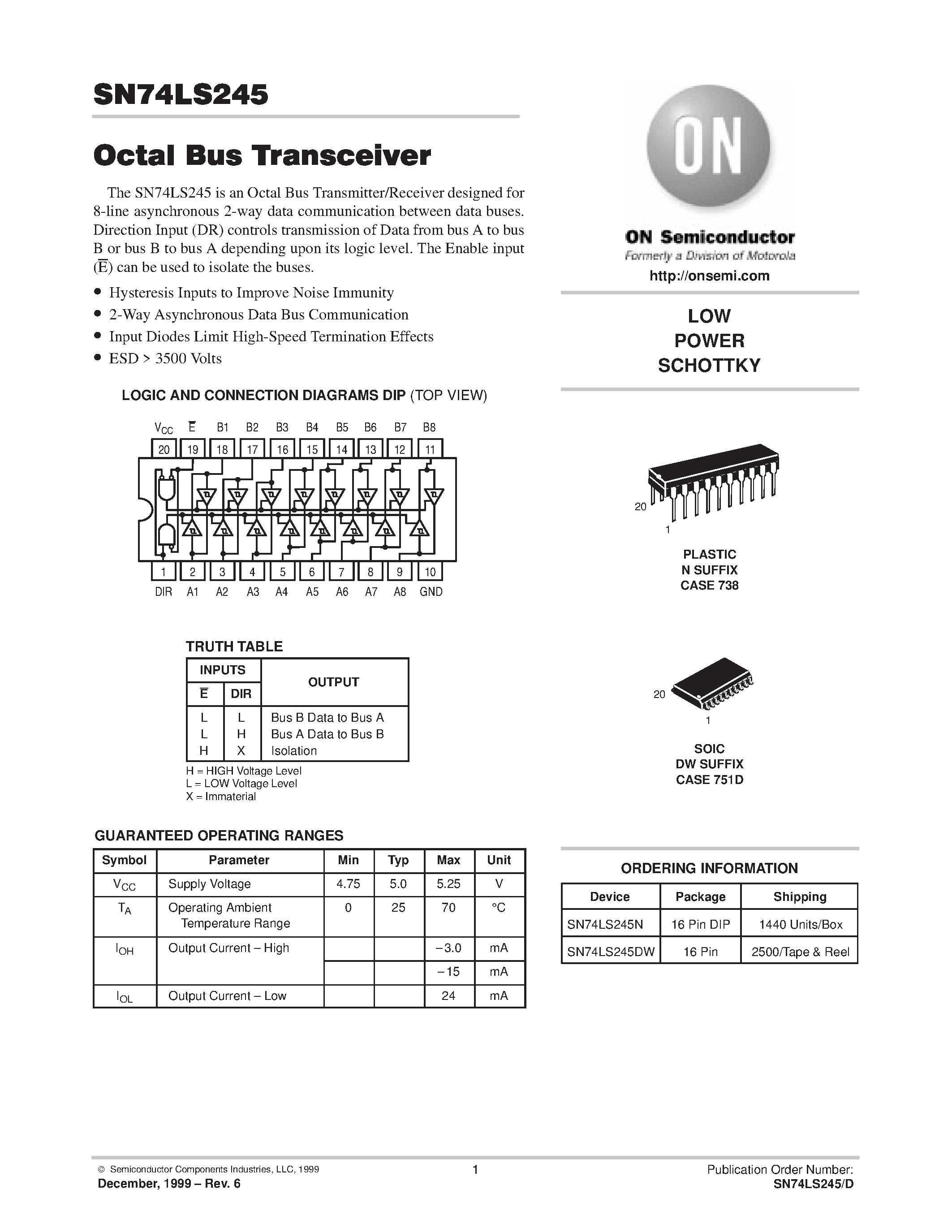 Даташит на микросхему SN74LS245DW страница 1 Даташит SN74LS245DW - Octal Bus Transceivers страница 1