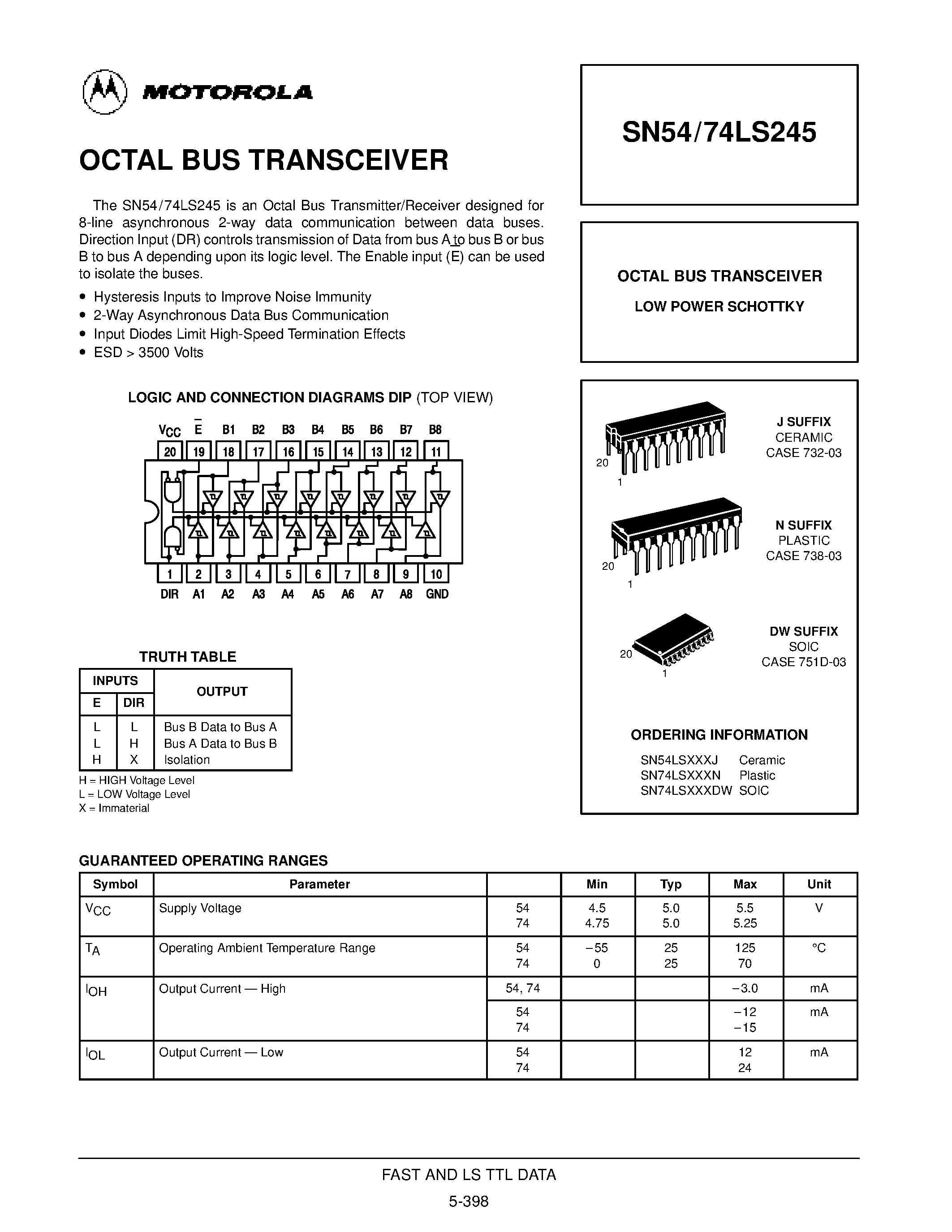 Даташит SN74LS245N - OCTAL BUS TRANSCEIVER страница 1