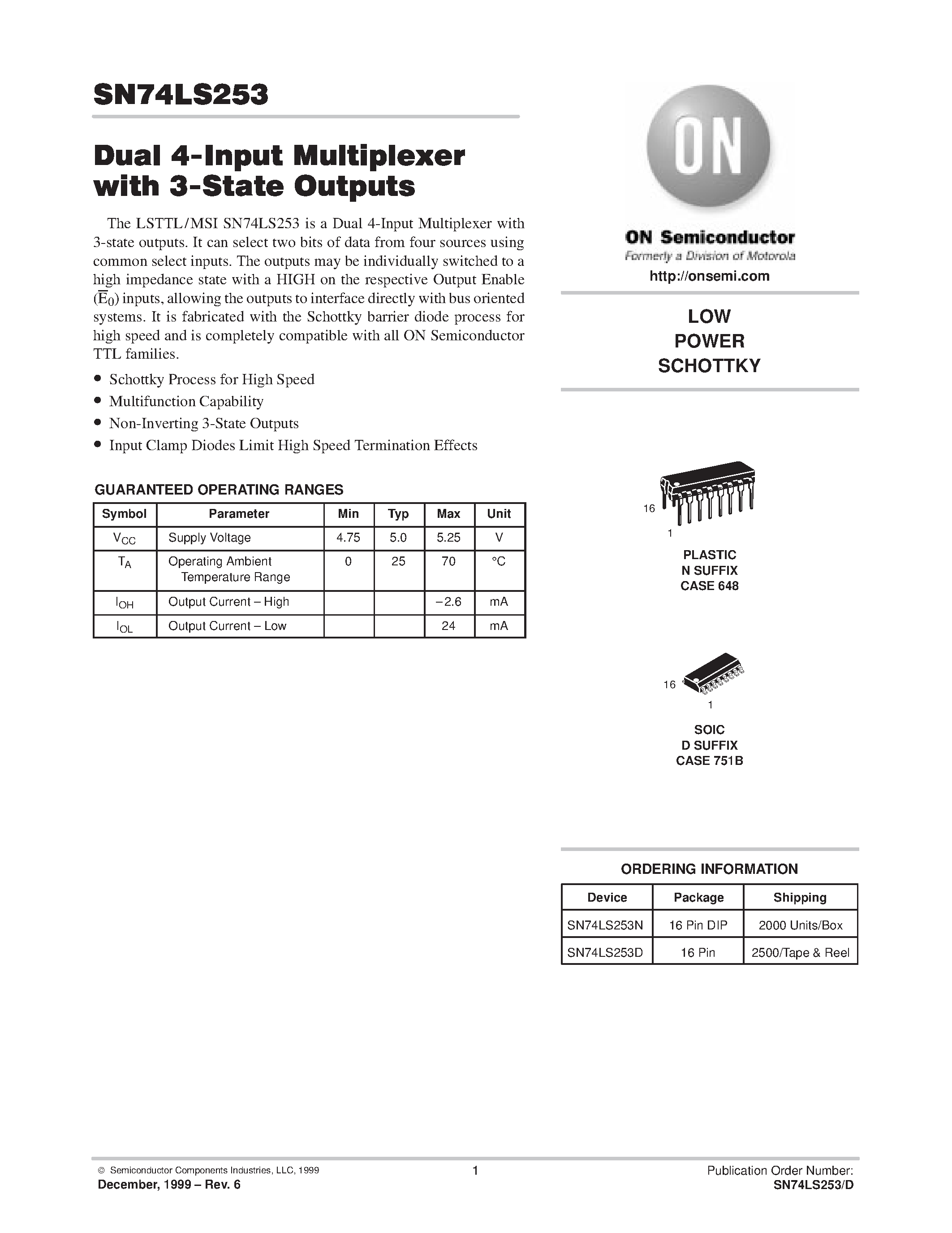 Datasheet SN74LS253N page 1 Datasheet SN74LS253N - LOW POWER SCHOTTKY page 1