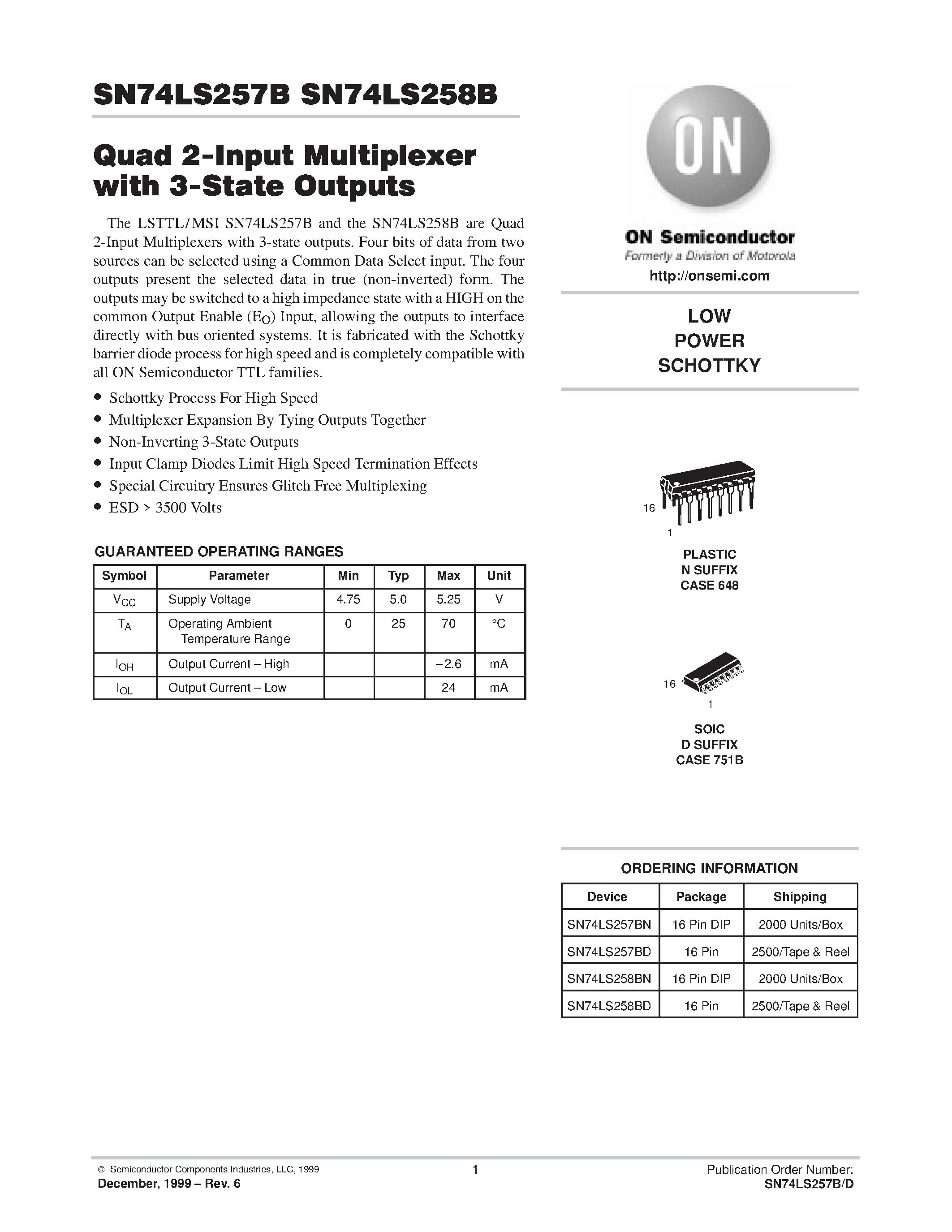 Datasheet SN74LS258BD page 1 Datasheet SN74LS258BD - LOW POWER SCHOTTKY page 1