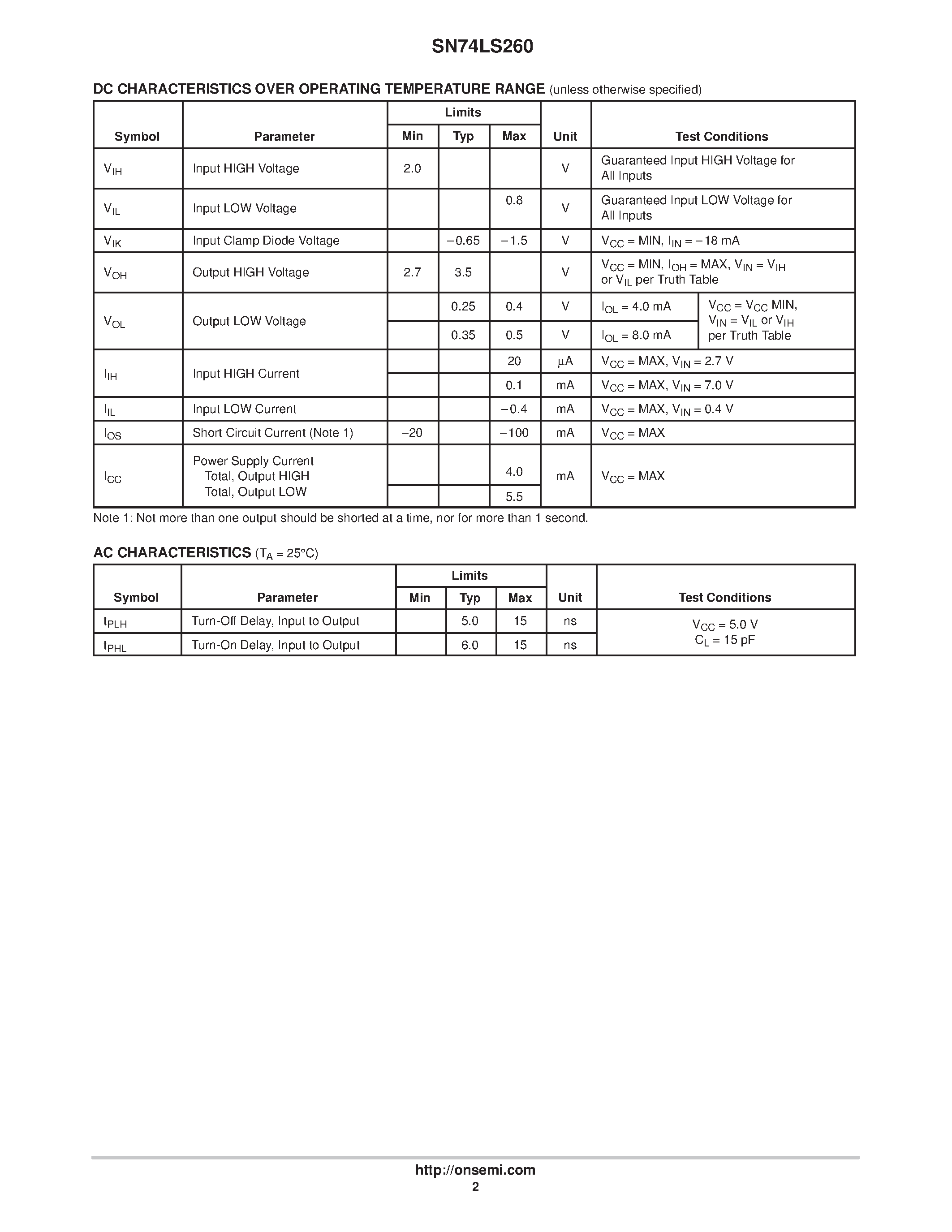 Даташит SN74LS260D - LOW POWER SCHOTTKY страница 2