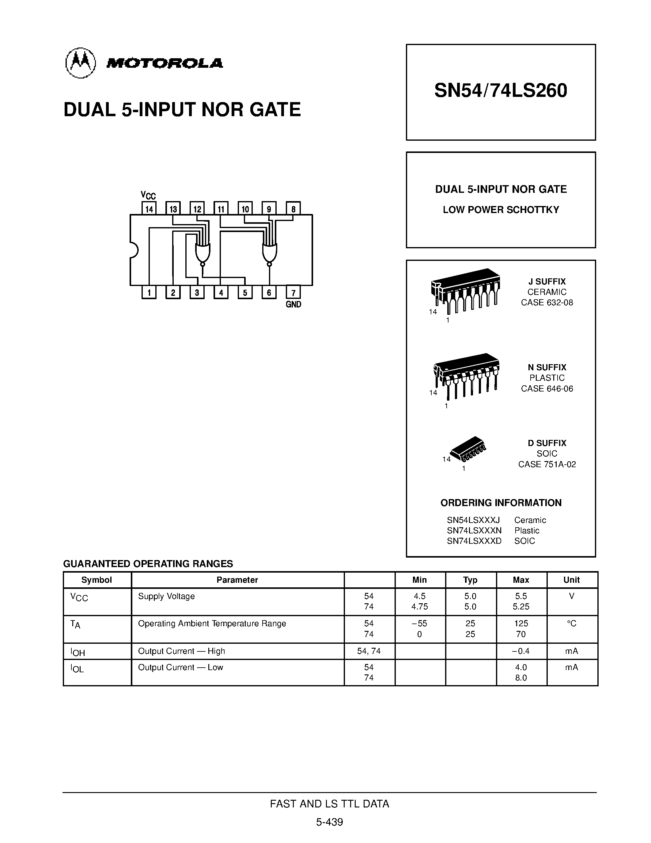 Даташит SN74LS260N - DUAL 5-INPUT NOR GATE страница 1