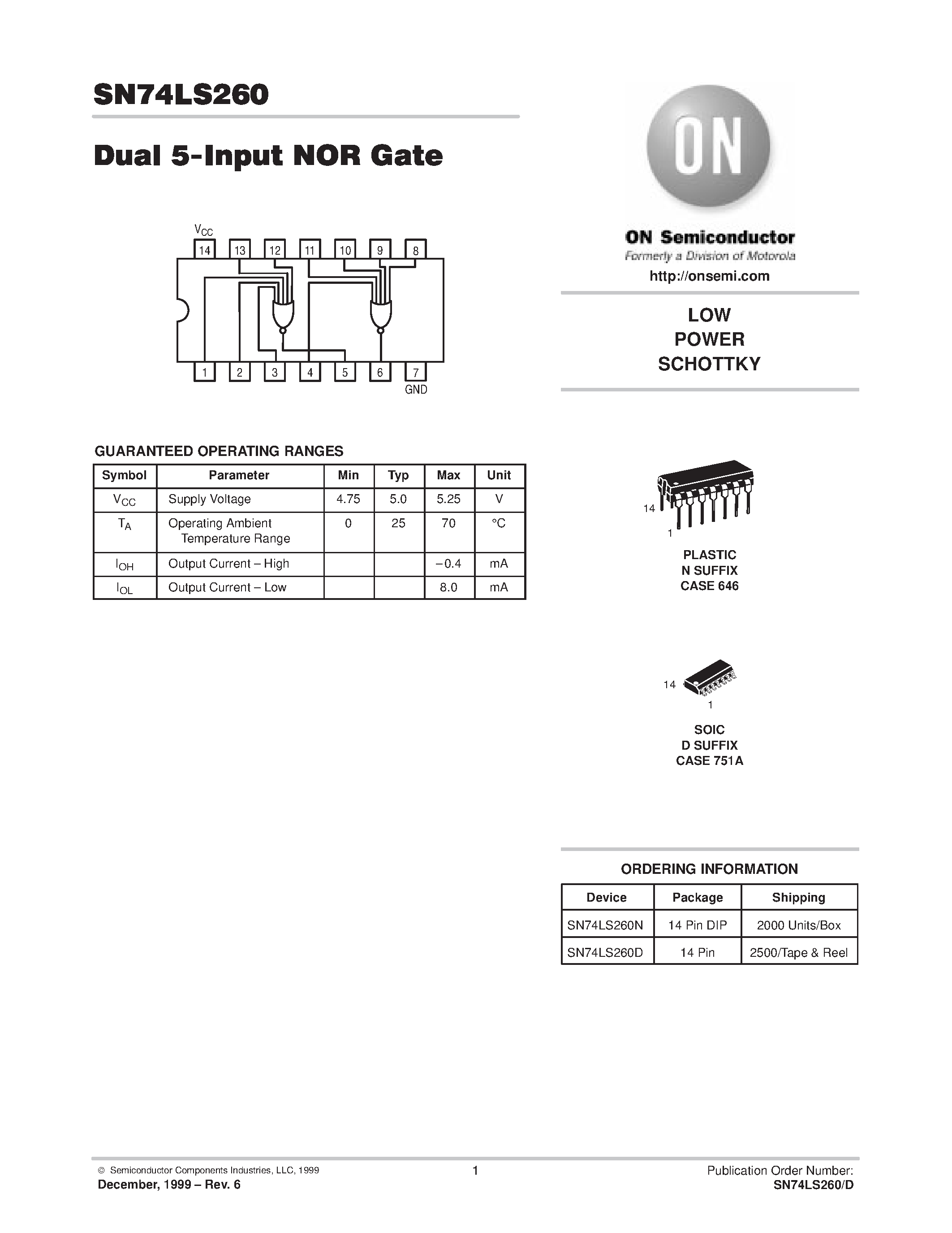Даташит SN74LS260N - LOW POWER SCHOTTKY страница 1
