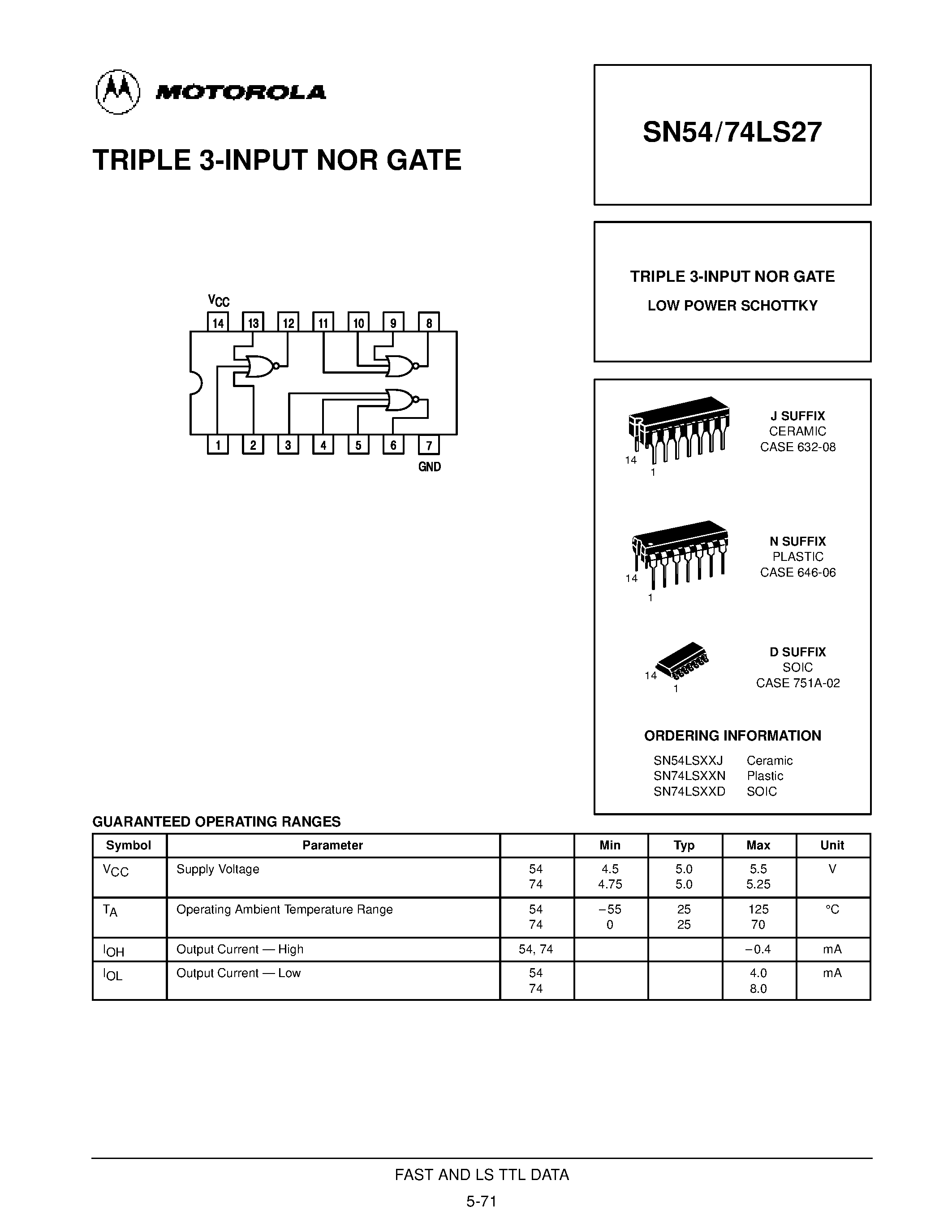 Даташит SN74LS27D - TRIPLE 3-INPUT NOR GATE страница 1