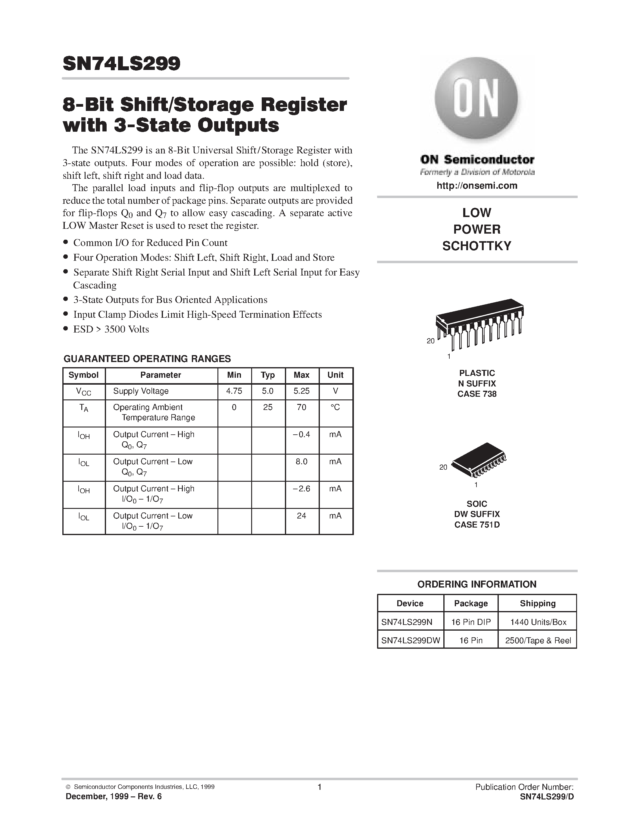 Даташит SN74LS299N - LOW POWER SCHOTTKY страница 1