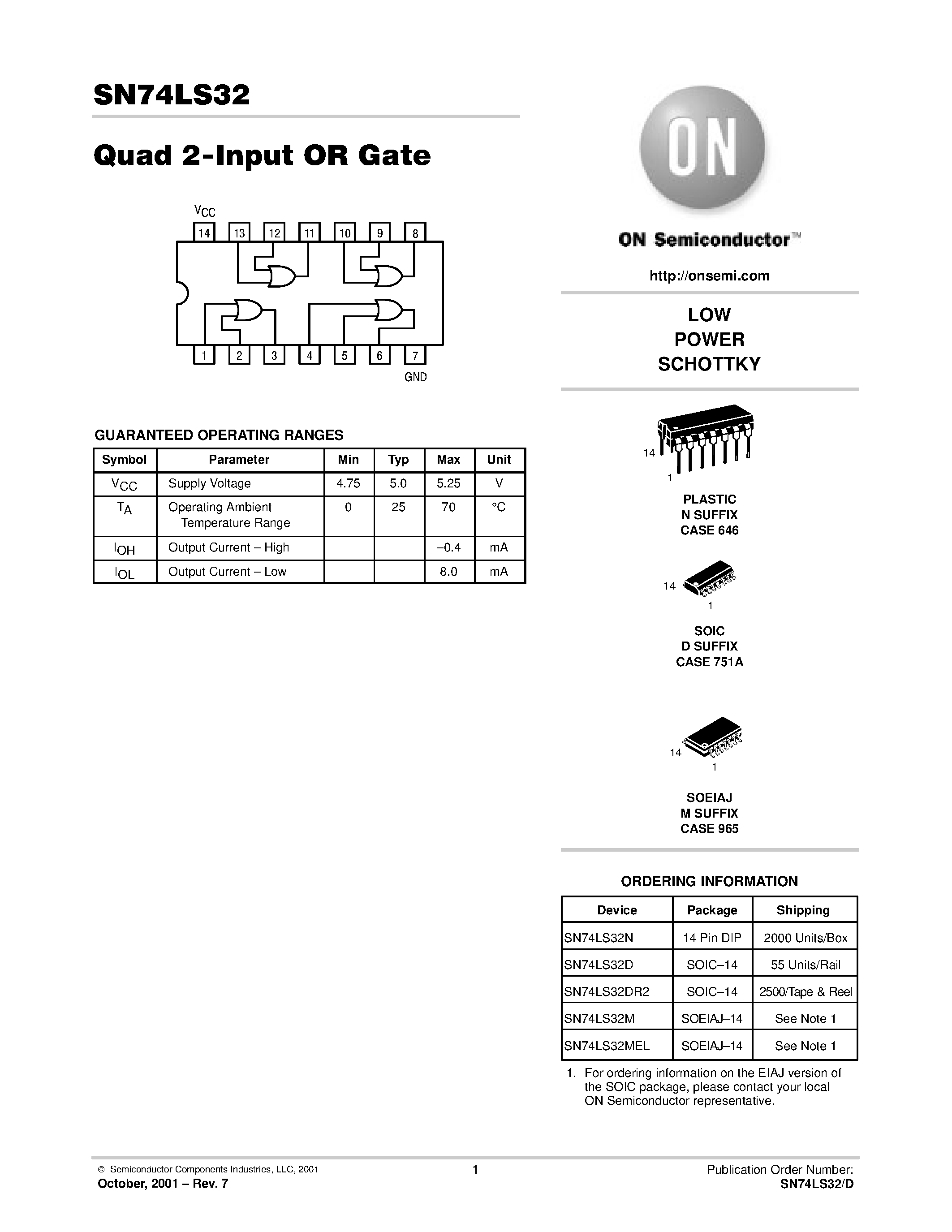 Даташит SN74LS32N - LOW POWER SCHOTTKY страница 1