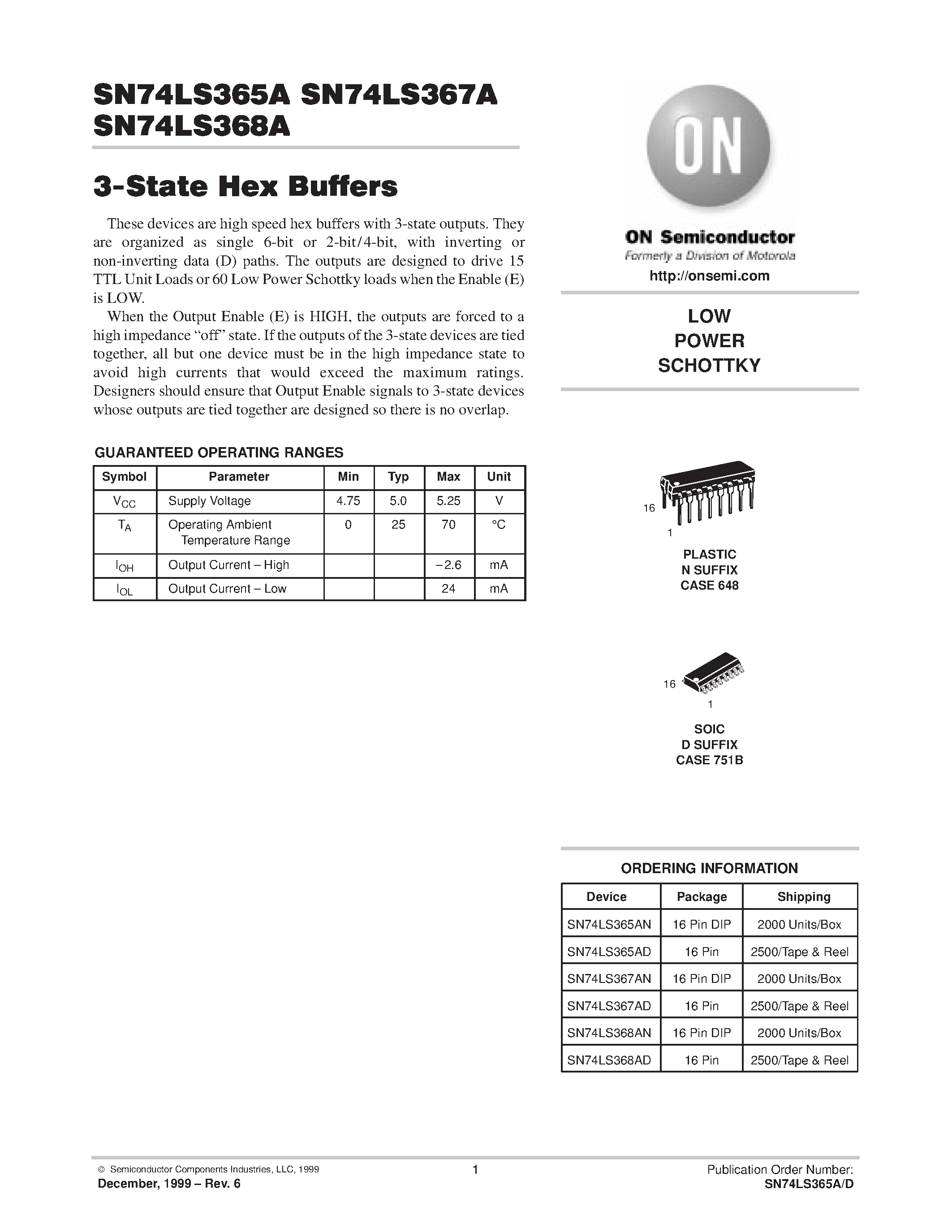 Даташит SN74LS367AD - LOW POWER SCHOTTKY страница 1