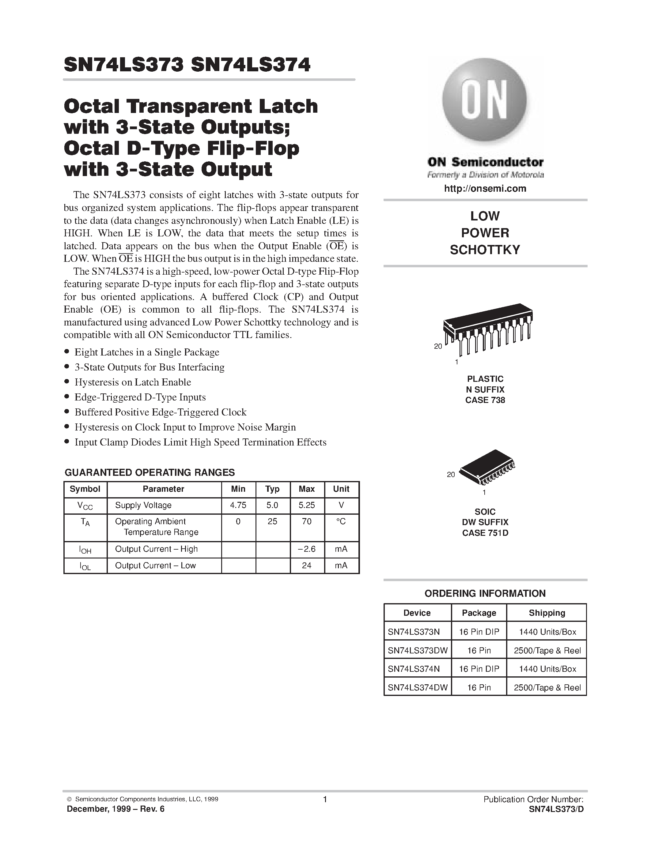 Даташит SN74LS374DW - LOW POWER SCHOTTKY страница 1