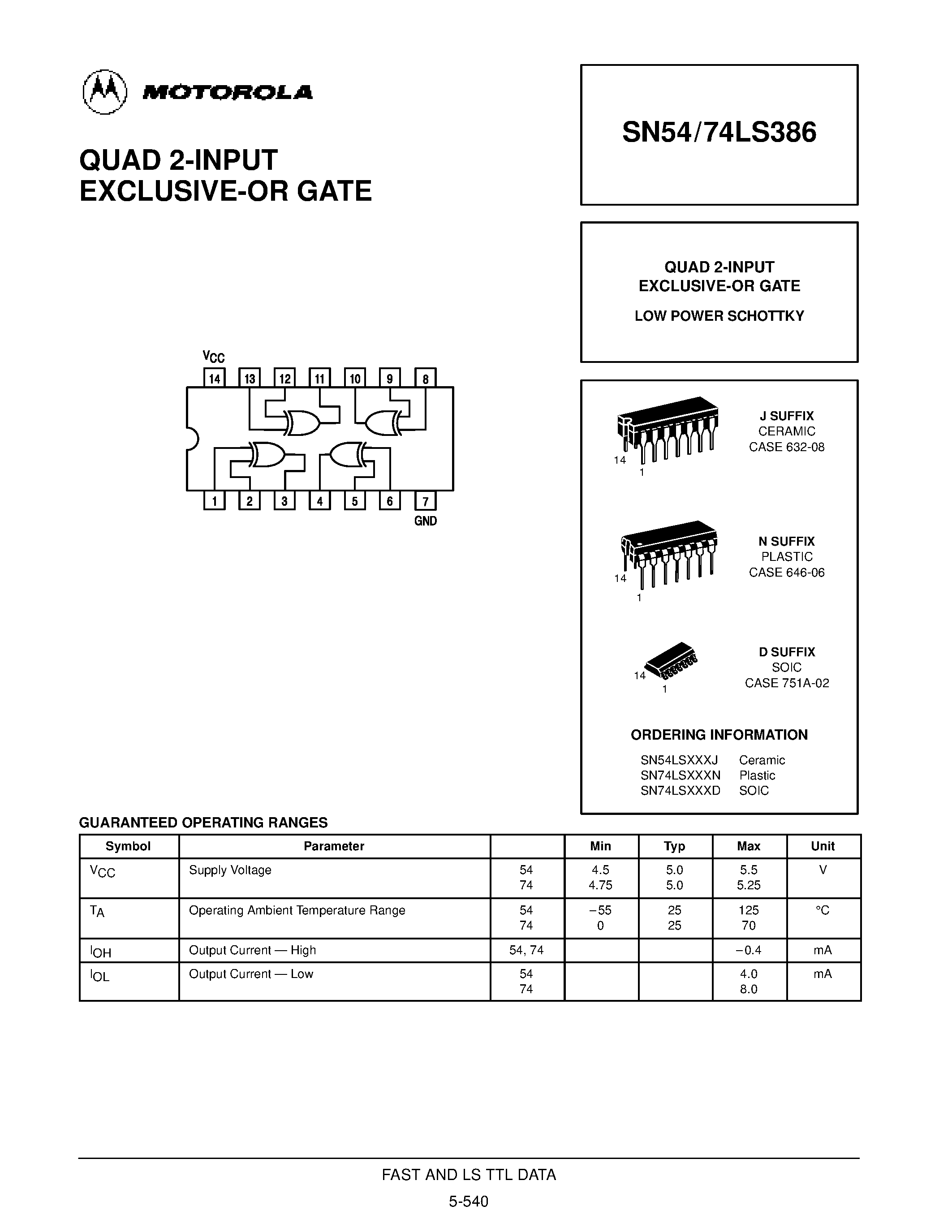 Datasheet SN74LS386D page 1 Datasheet SN74LS386D - QUAD 2-INPUT EXCLUSIVE-OR GATE page 1