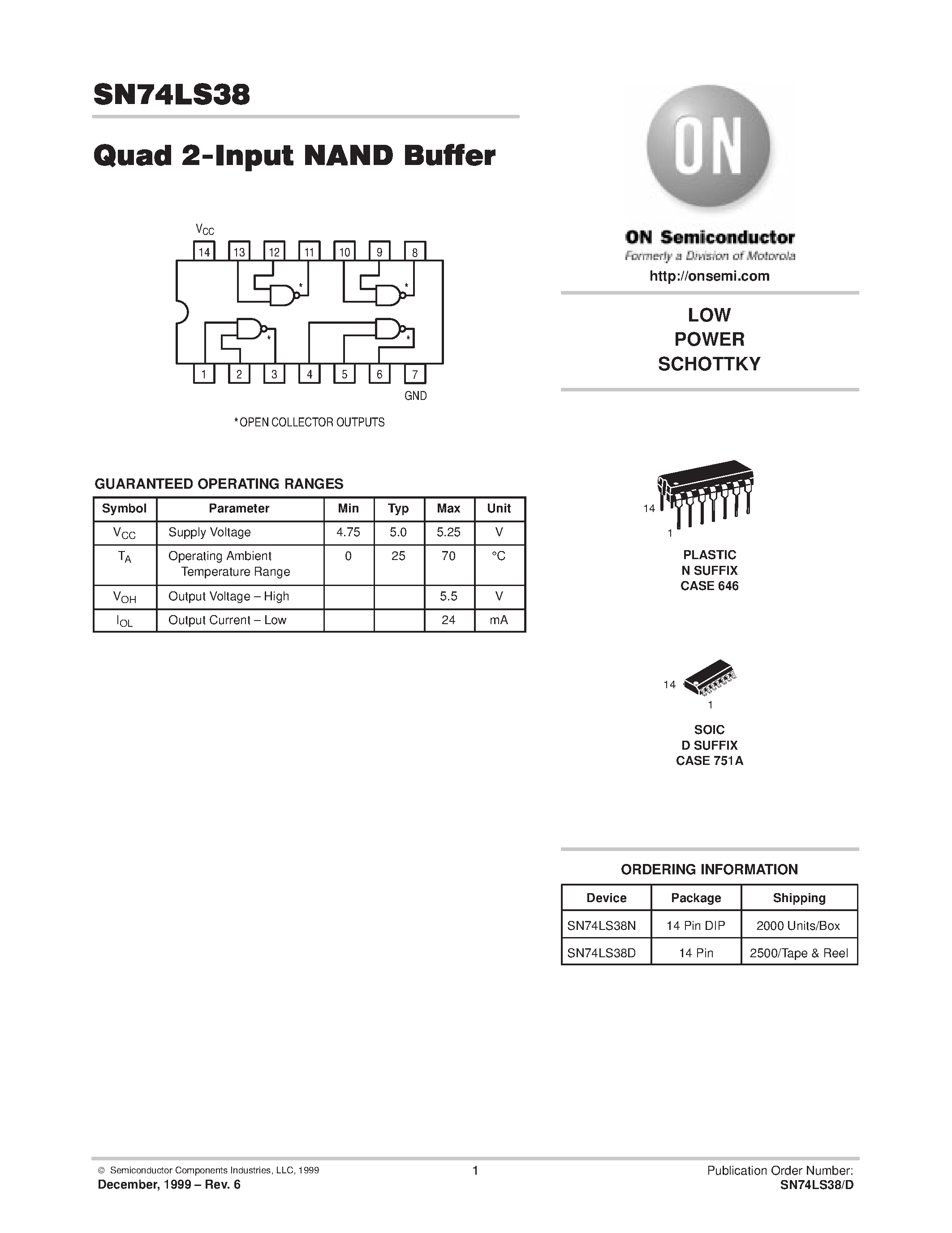Datasheet SN74LS38N page 1 Datasheet SN74LS38N - LOW POWER SCHOTTKY page 1