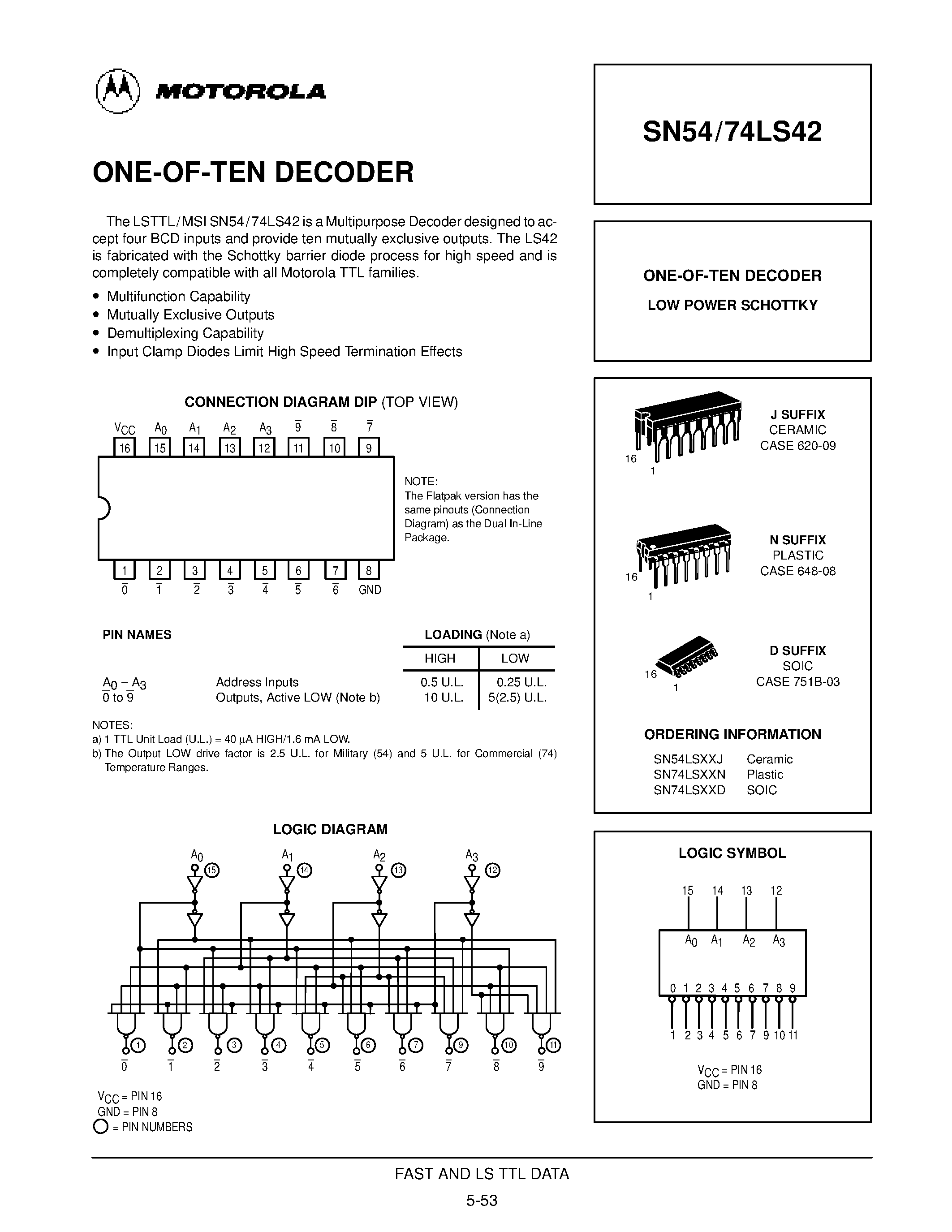 Datasheet SN74LS42D page 1 Datasheet SN74LS42D - ONE-OF-TEN DECODER page 1