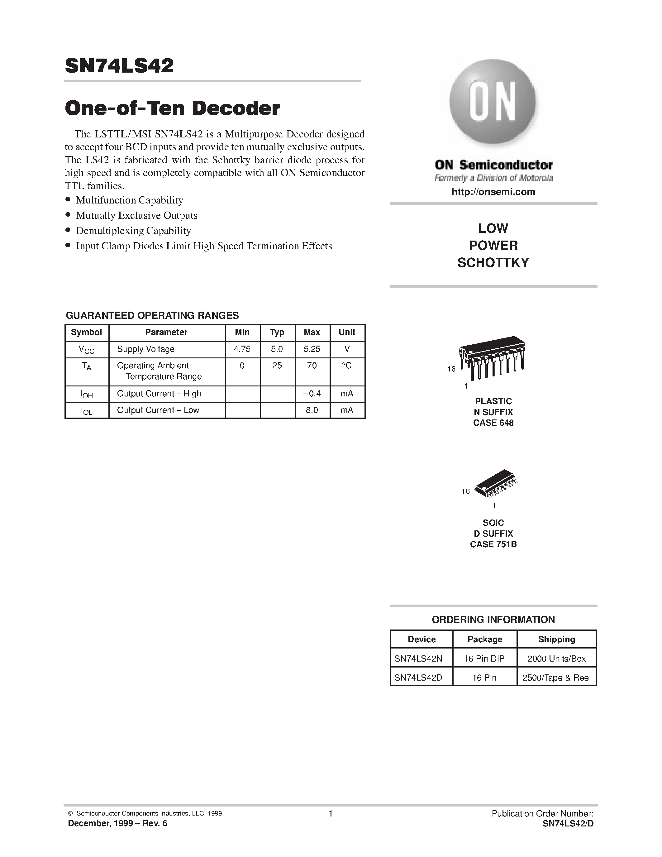 Datasheet SN74LS42D page 1 Datasheet SN74LS42D - LOW POWER SCHOTTKY page 1
