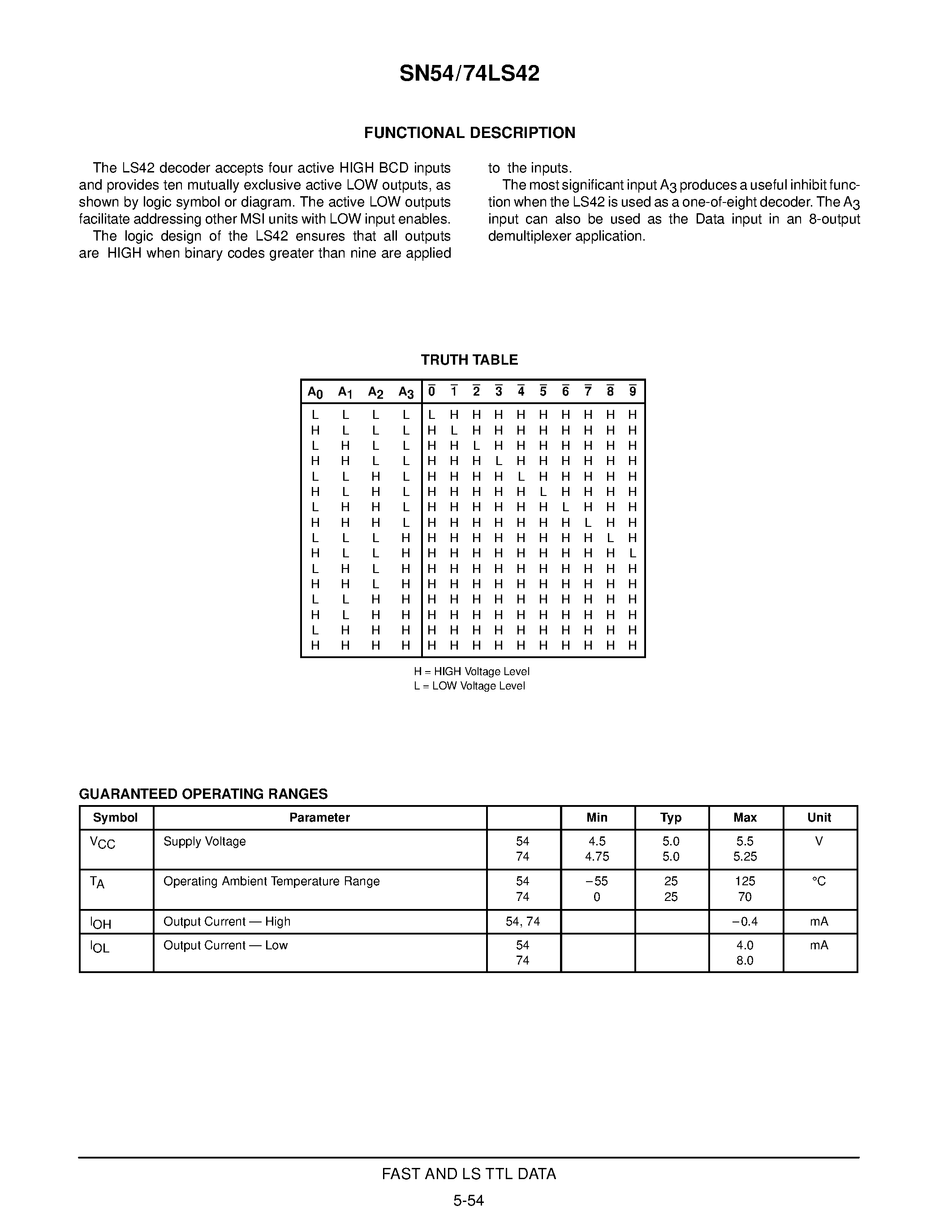 Datasheet SN74LS42N page 2 Datasheet SN74LS42N - ONE-OF-TEN DECODER page 2