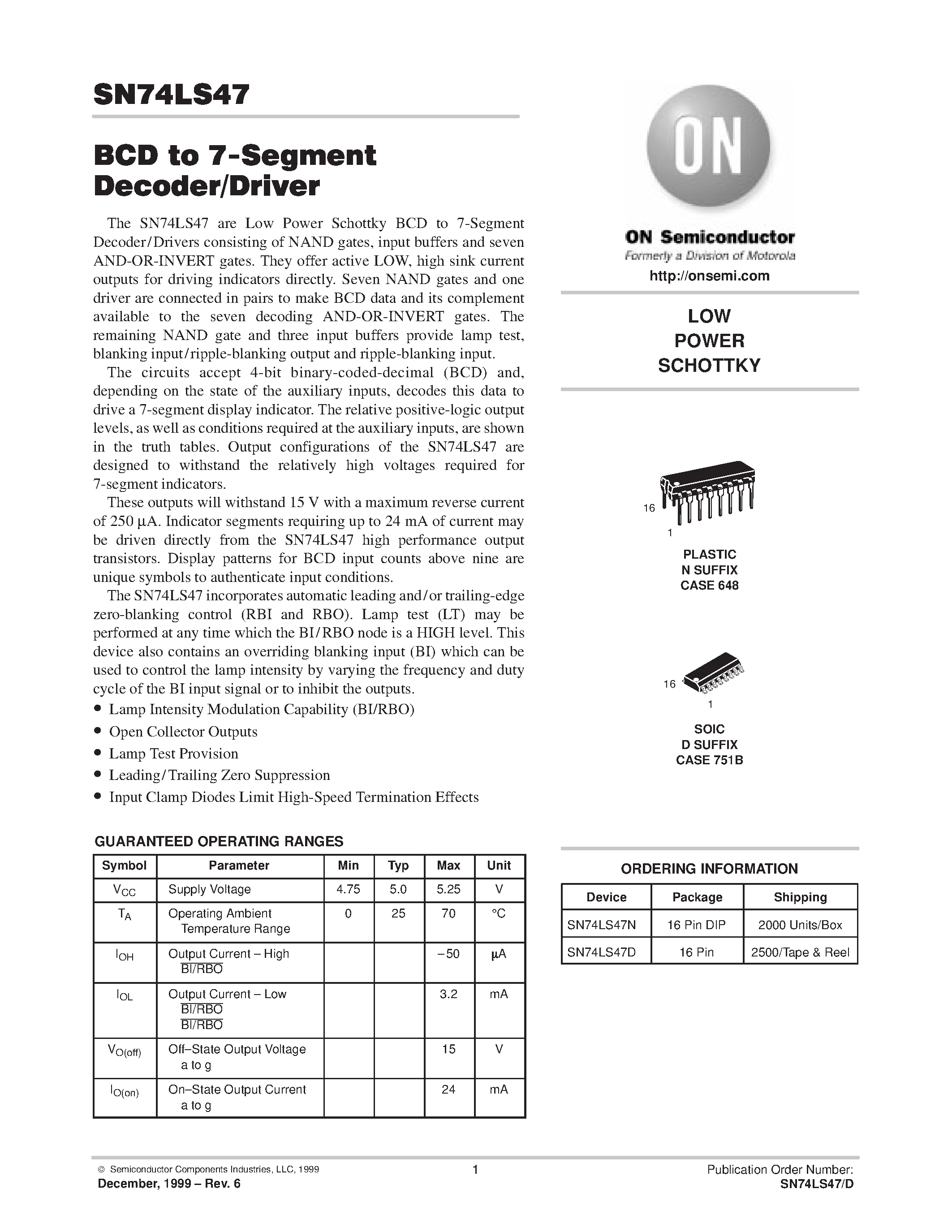 Datasheet SN74LS47N page 1 Datasheet SN74LS47N - BCD to 7-Segment Decoder/Driver page 1