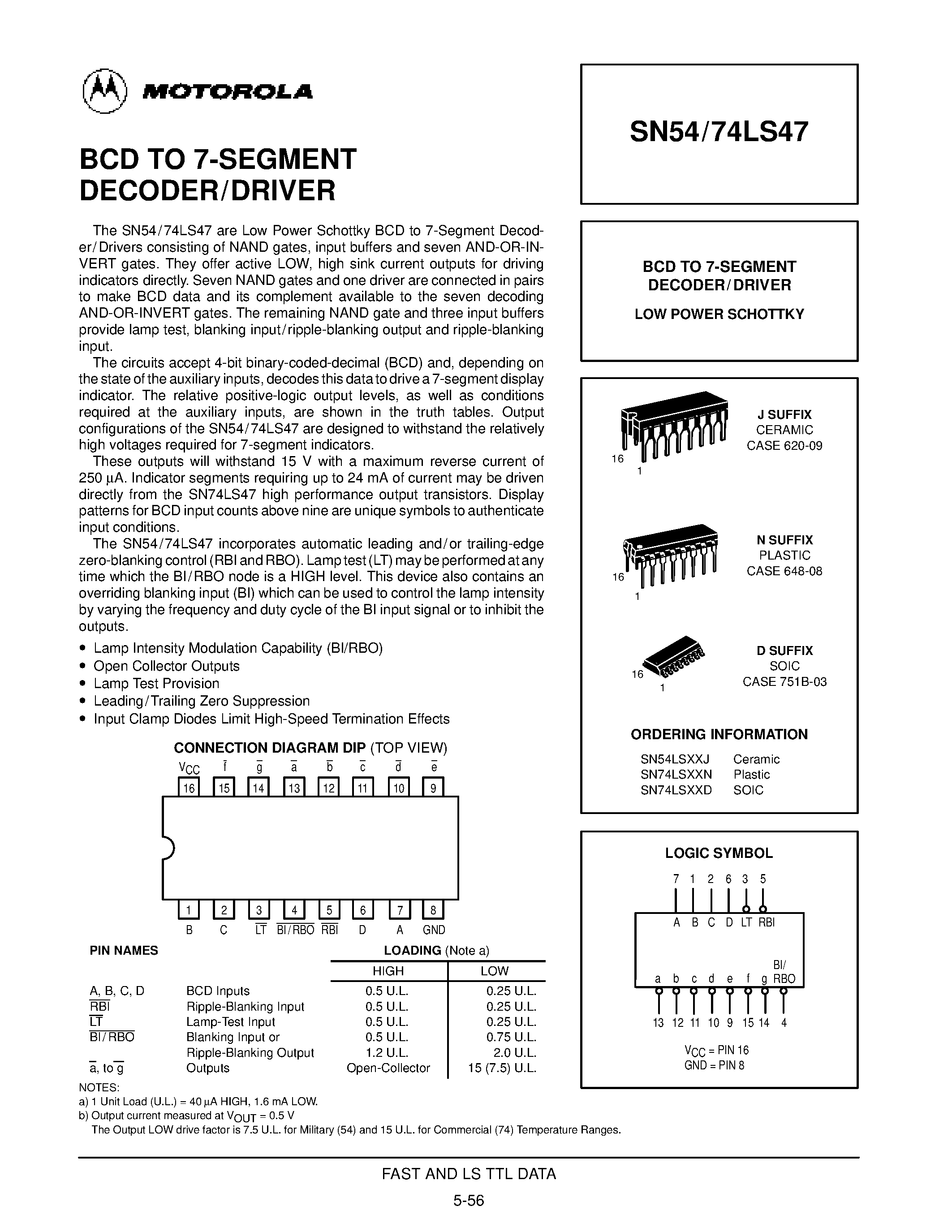 Datasheet SN74LS47N page 1 Datasheet SN74LS47N - BCD TO 7-SEGMENT DECODER/DRIVER page 1