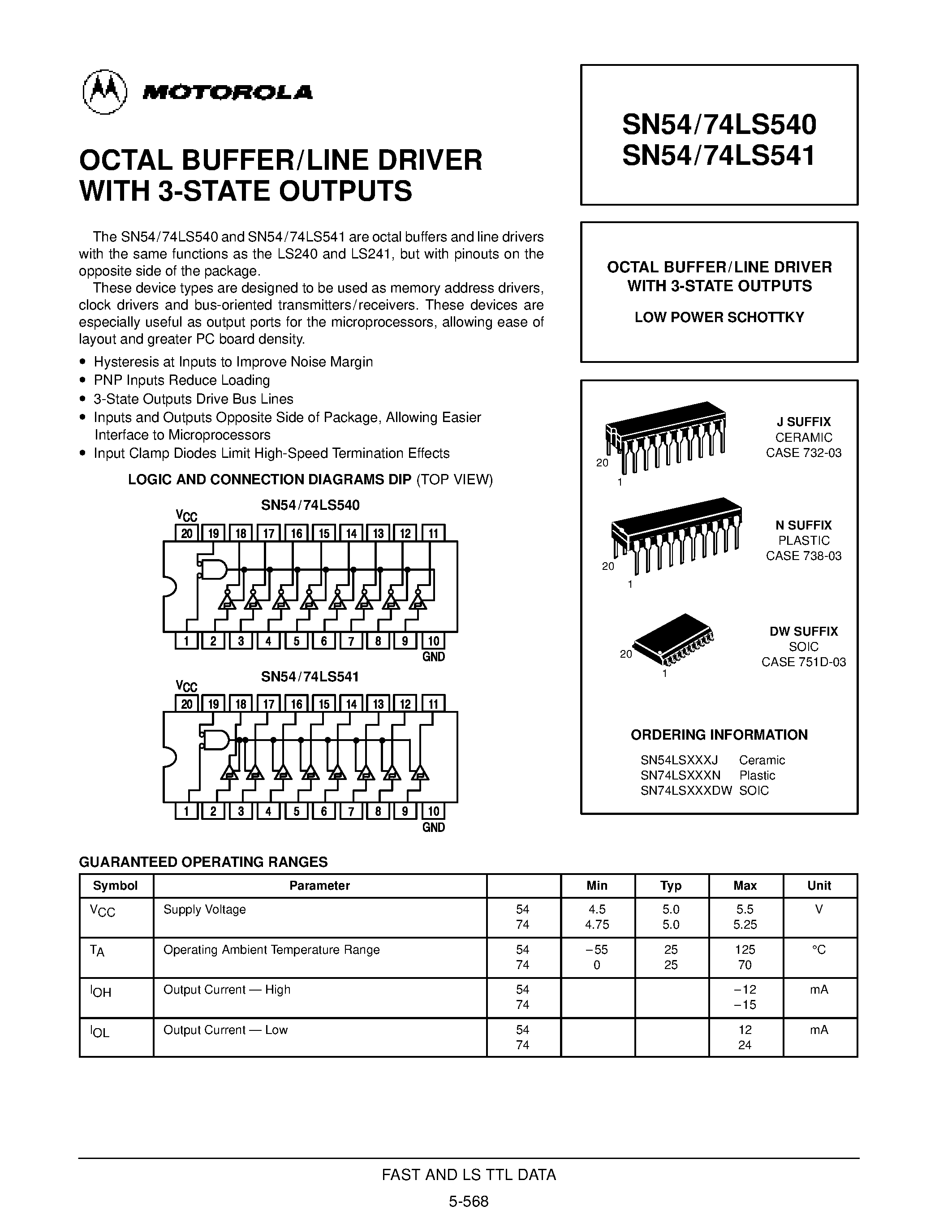 Datasheet SN74LS540N page 1 Datasheet SN74LS540N - OCTAL BUFFER/LINE DRIVER WITH 3-STATE OUTPUTS page 1