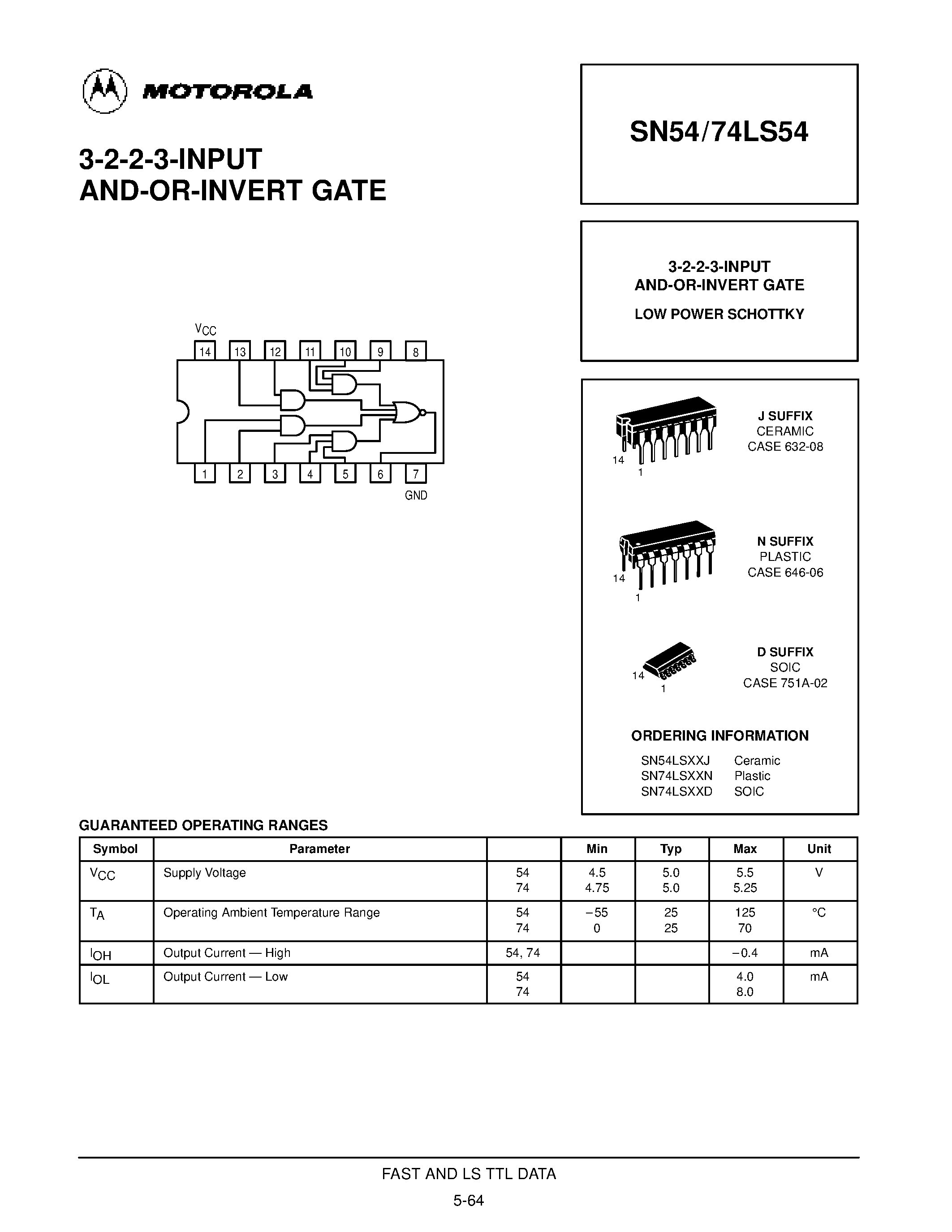 Datasheet SN74LS54N page 1 Datasheet SN74LS54N - 3-2-2-3-INPUT AND-OR-INVERT GATE page 1