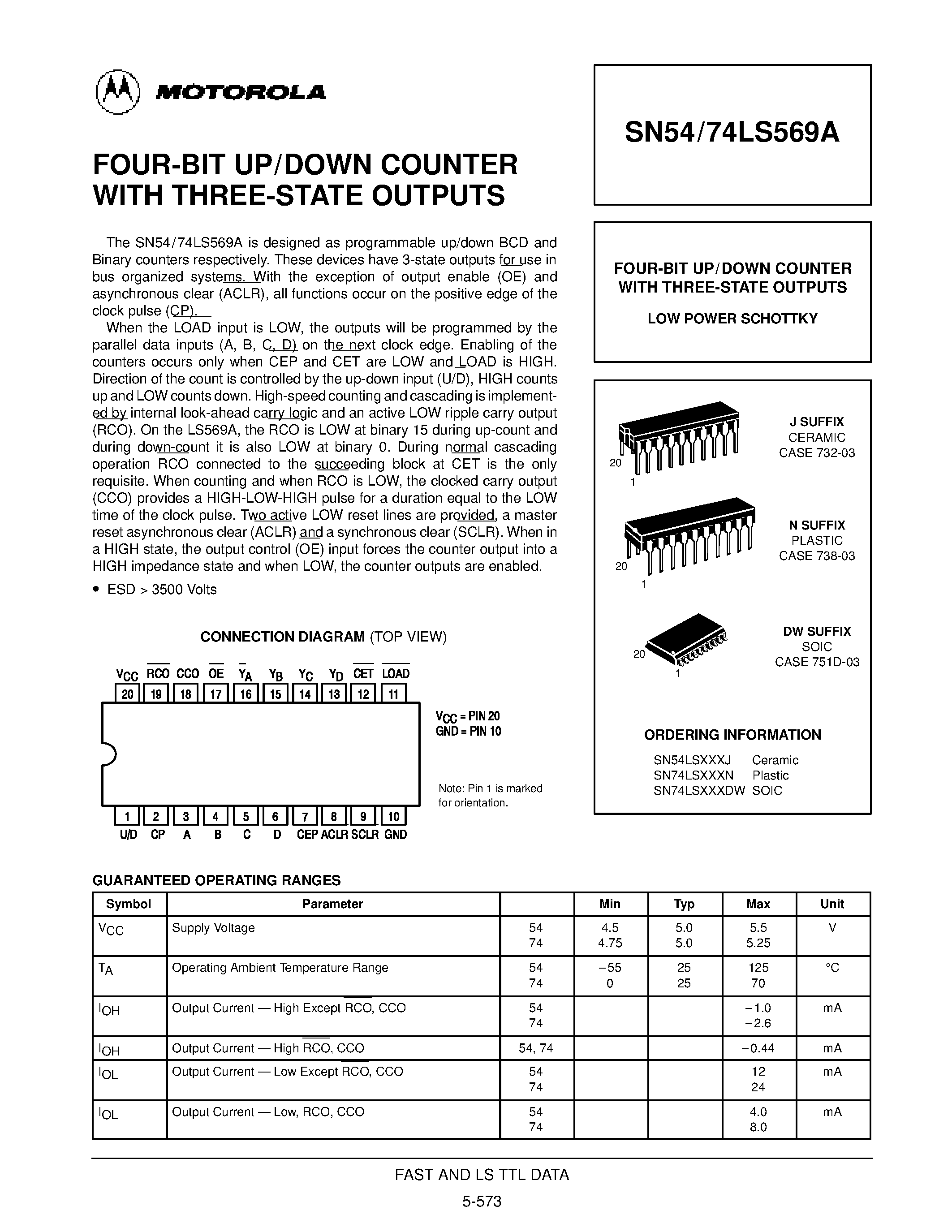 Datasheet SN74LS569DW page 1 Datasheet SN74LS569DW - FOUR-BIT UP/DOWN COUNTER WITH THREE-STATE OUTPUTS page 1
