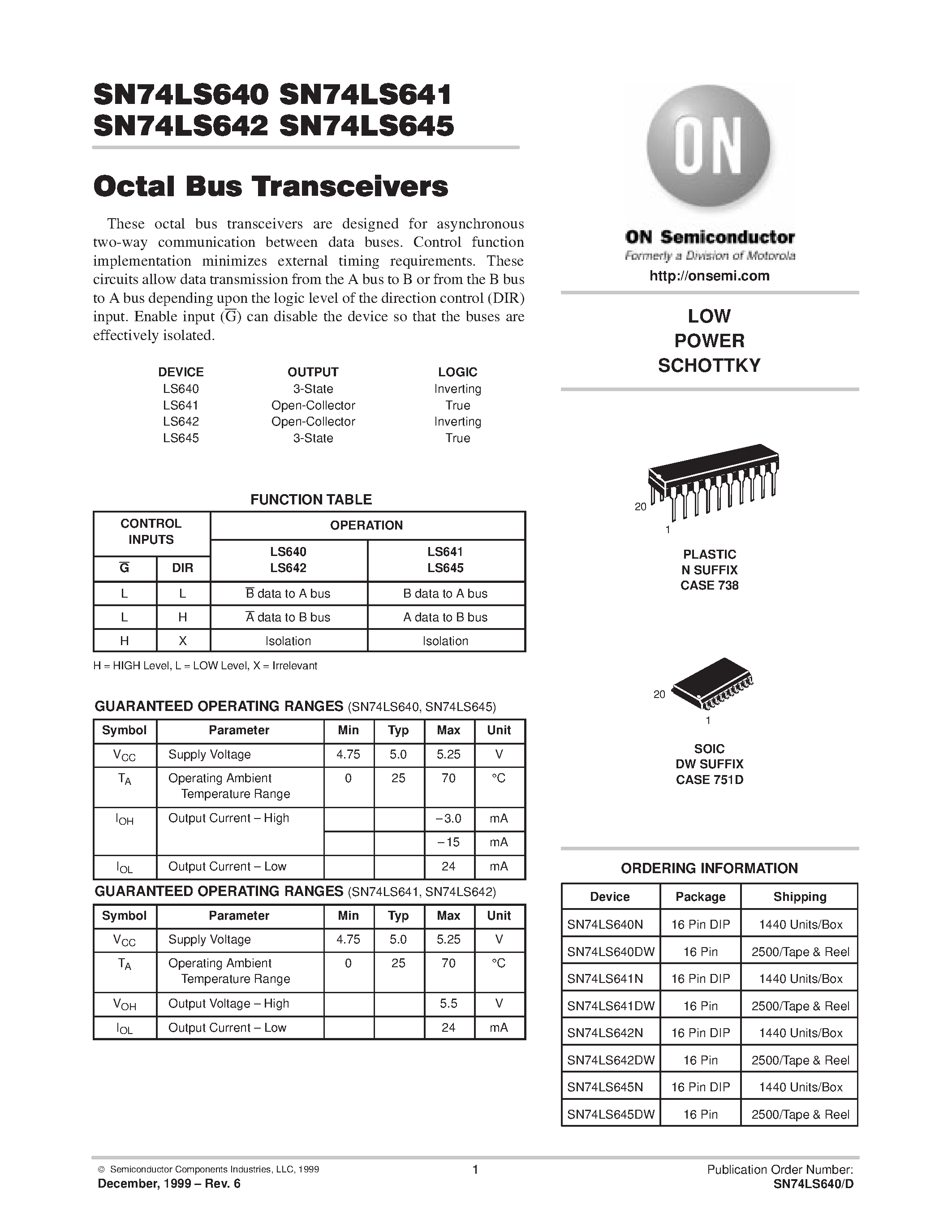 Datasheet SN74LS640 page 1 Datasheet SN74LS640 - LOW POWER SCHOTTKY page 1