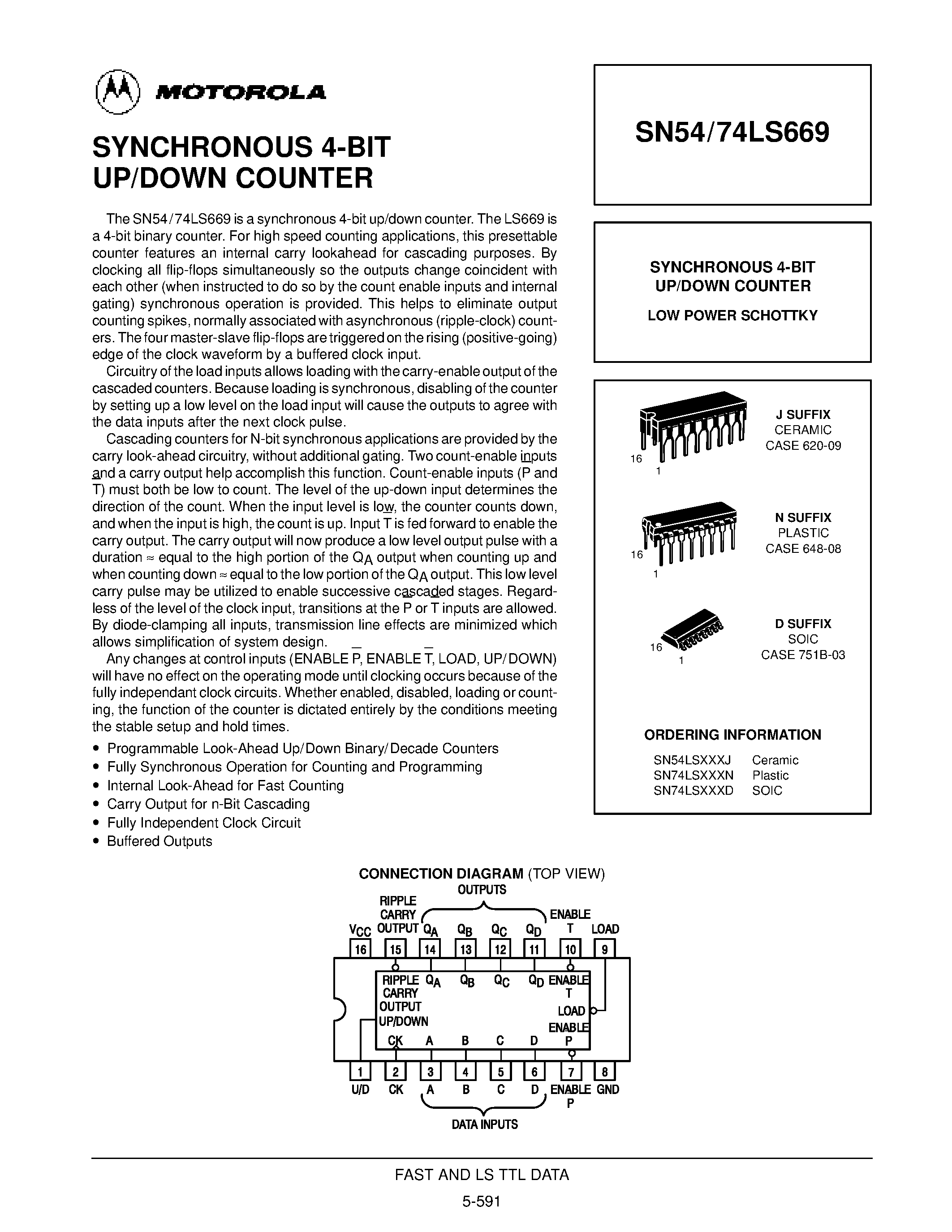 Datasheet SN74LS669N page 1 Datasheet SN74LS669N - SYNCHRONOUS 4-BIT UP/DOWN COUNTER page 1