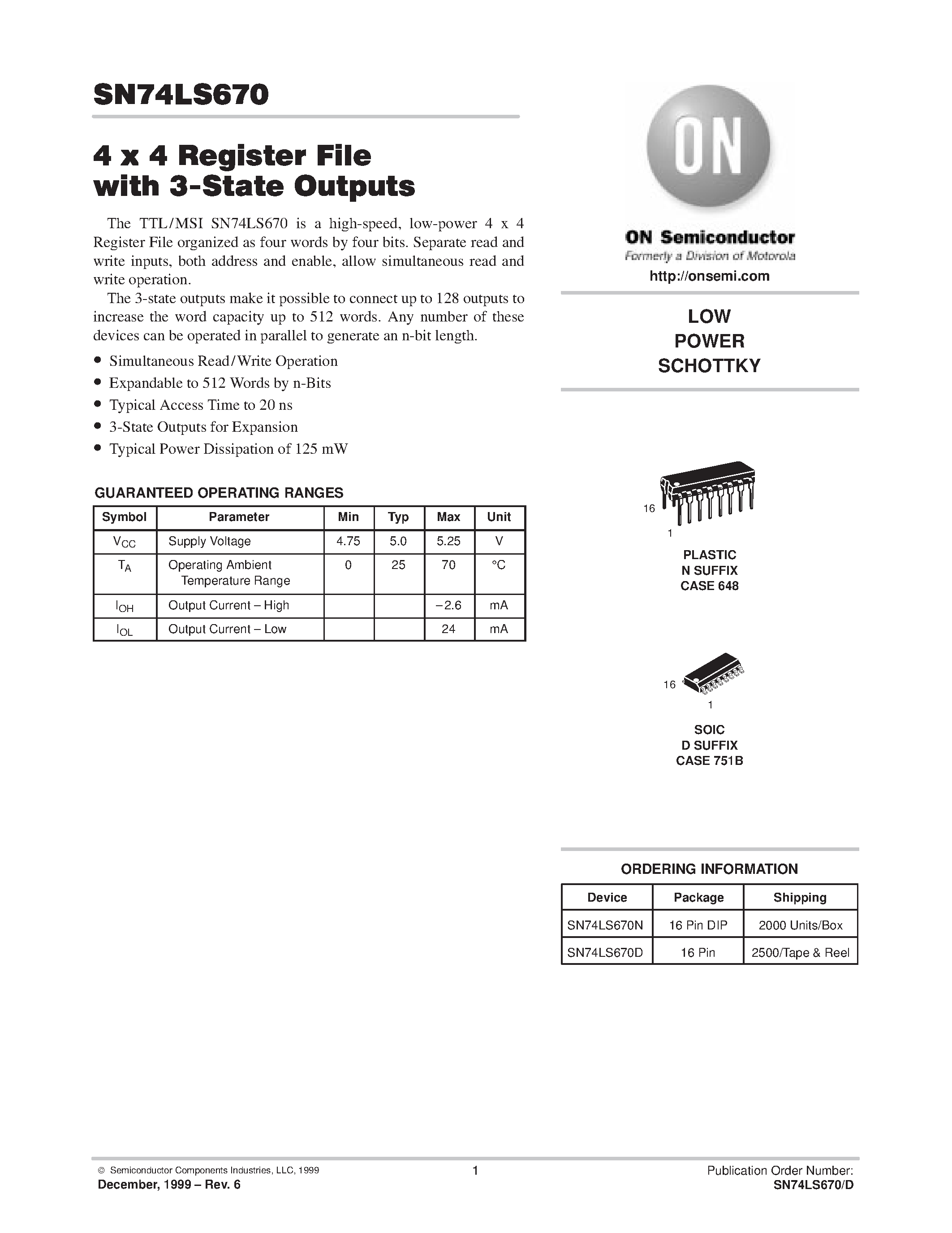 Datasheet SN74LS670 - LOW POWER SCHOTTKY page 1