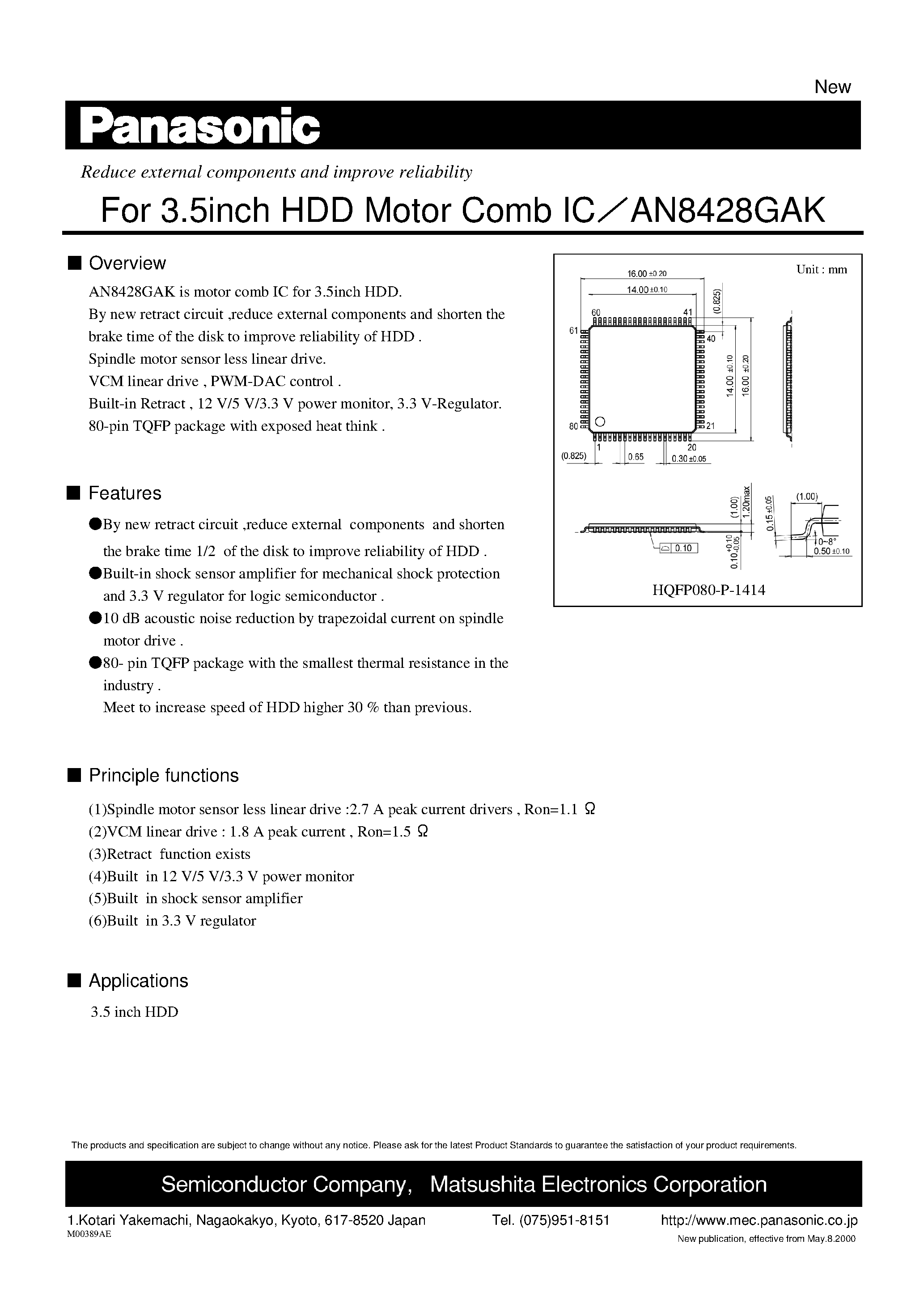 Datasheet AN8428GAK - Driver for 3.5inch HDD motor page 1