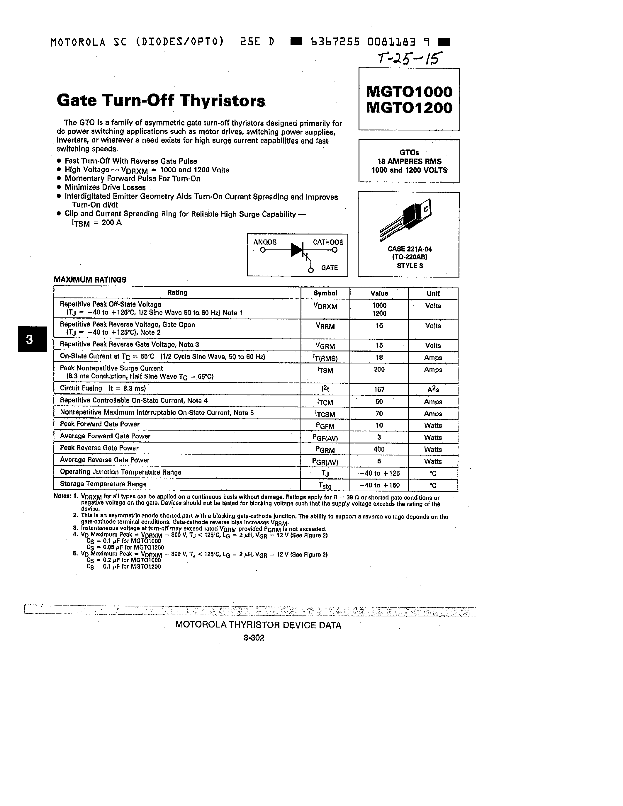 Даташит MGTO1000 - Gate turn-off thyristor / Repetitive peak off-state voltage 1000 V / 18 A RMS страница 1
