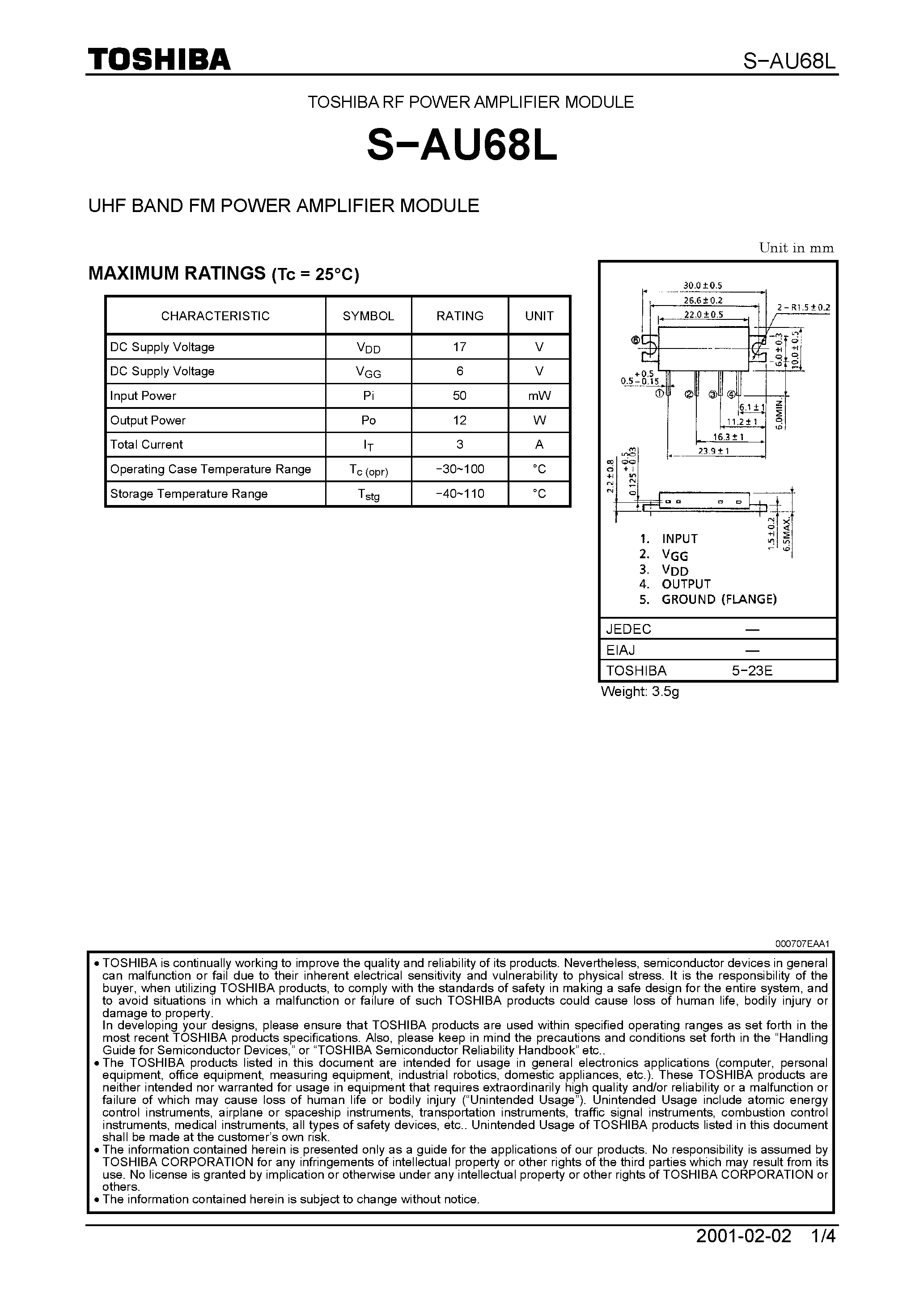 Datasheet S-AU68L - UHF Band FM Power Amplifier Module page 1