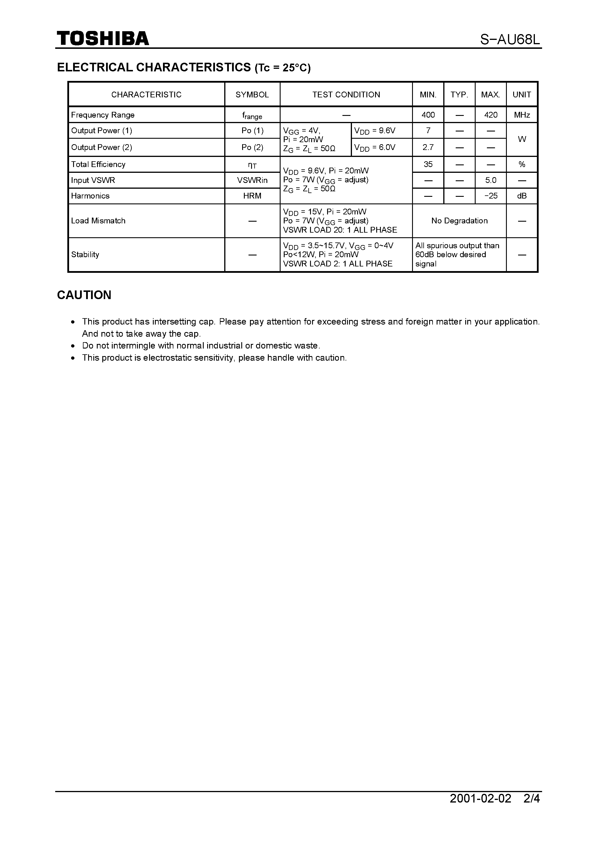 Datasheet S-AU68L - UHF Band FM Power Amplifier Module page 2