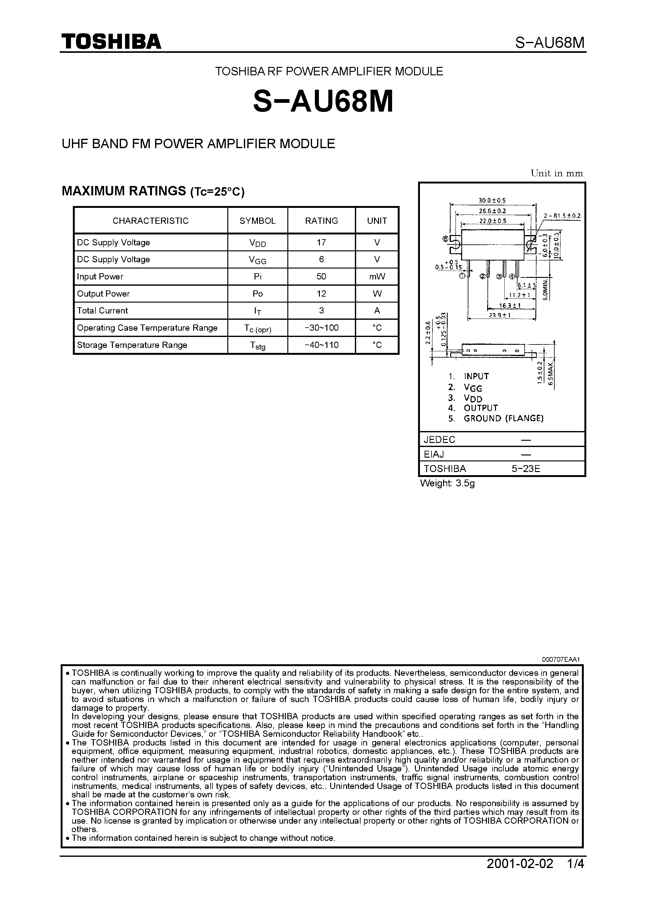 Datasheet S-AU68M - UHF Band FM Power Amplifier Module page 1