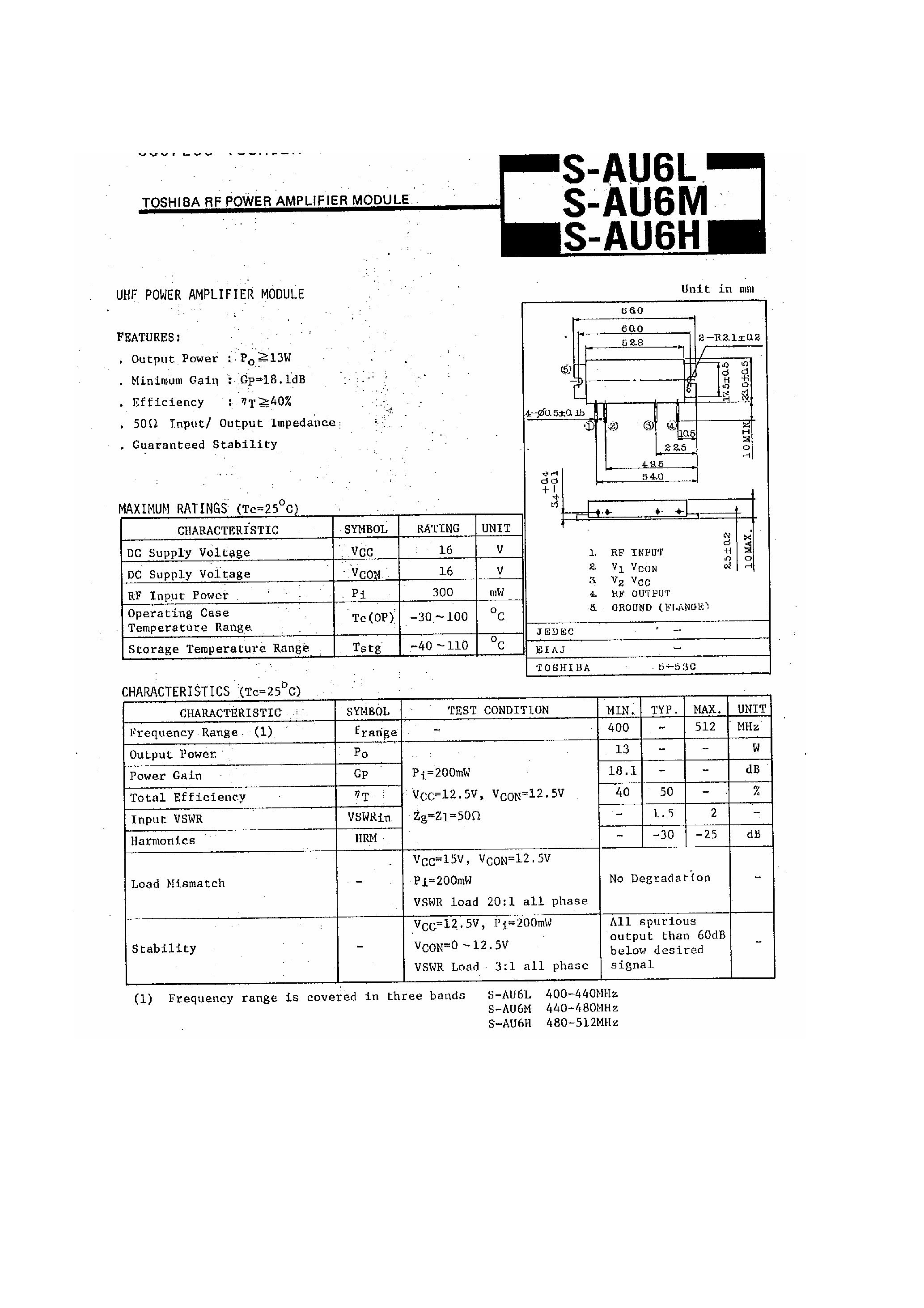 Datasheet S-AU6 - UHF Band FM Power Amplifier Module page 1