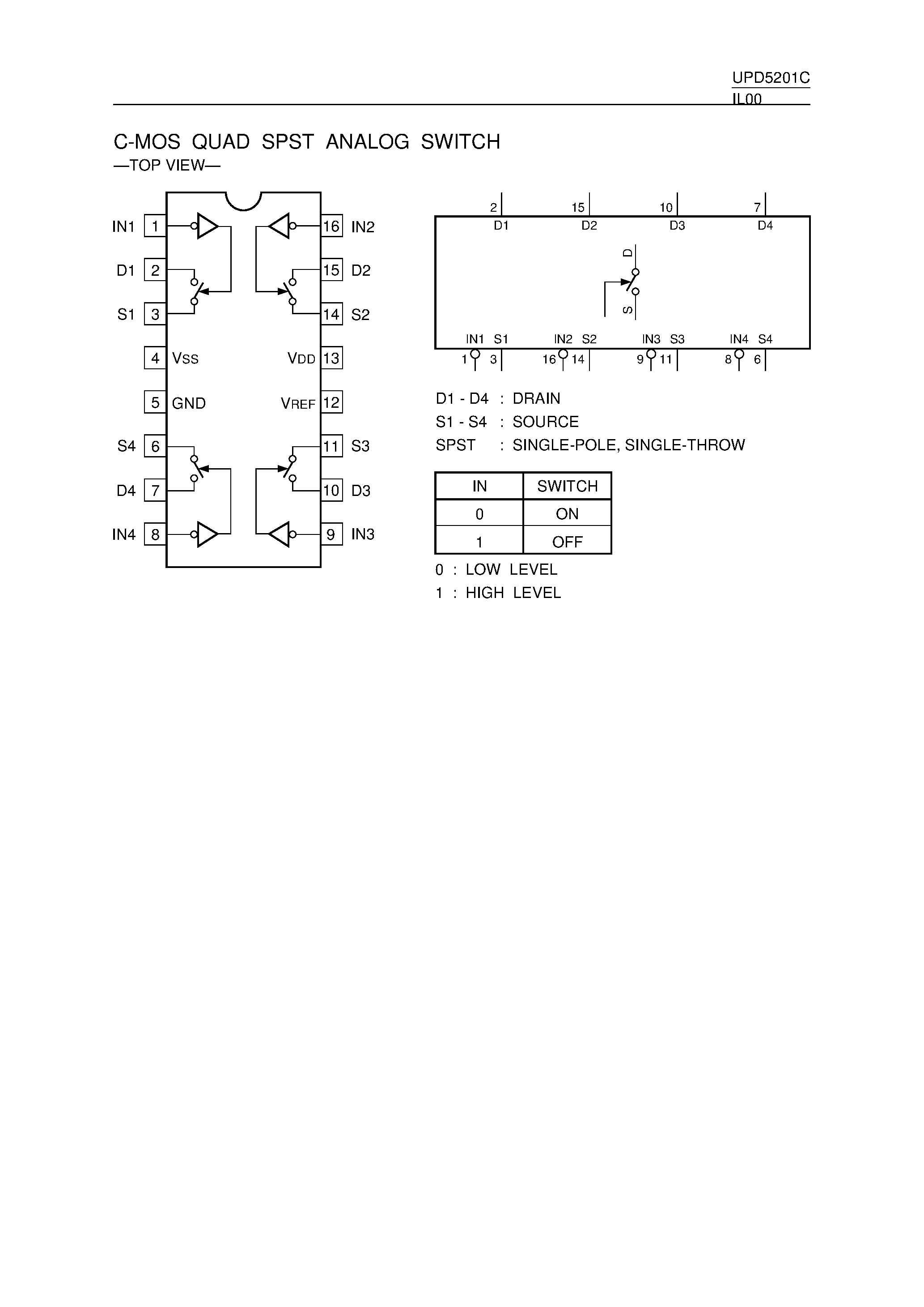 Даташит на микросхему UPD5201C страница 1 Даташит UPD5201C - C-Mos Quad Spst Analog Switch страница 1
