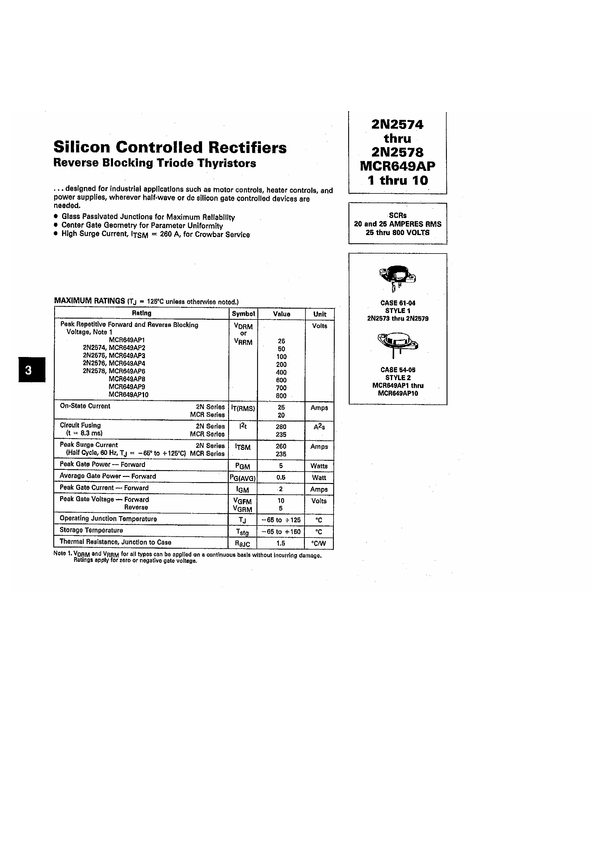 Datasheet 2N2574 - 2N2574 ~ 2N2578 / SILICON CONTROLLED RECTIFIERS page 1