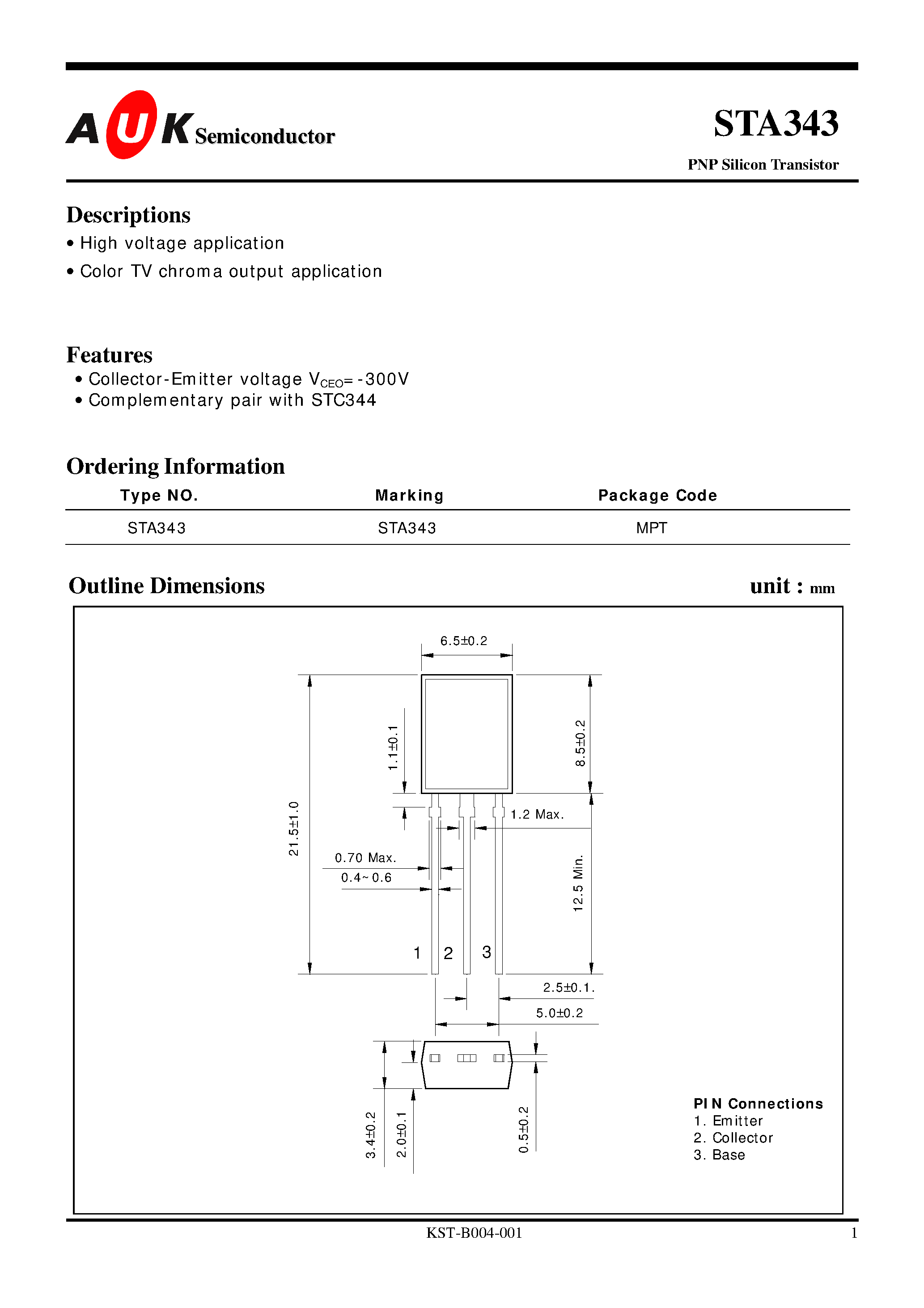 Datasheet STA343 page 1 Datasheet STA343 - PNP Silicon Transistor page 1