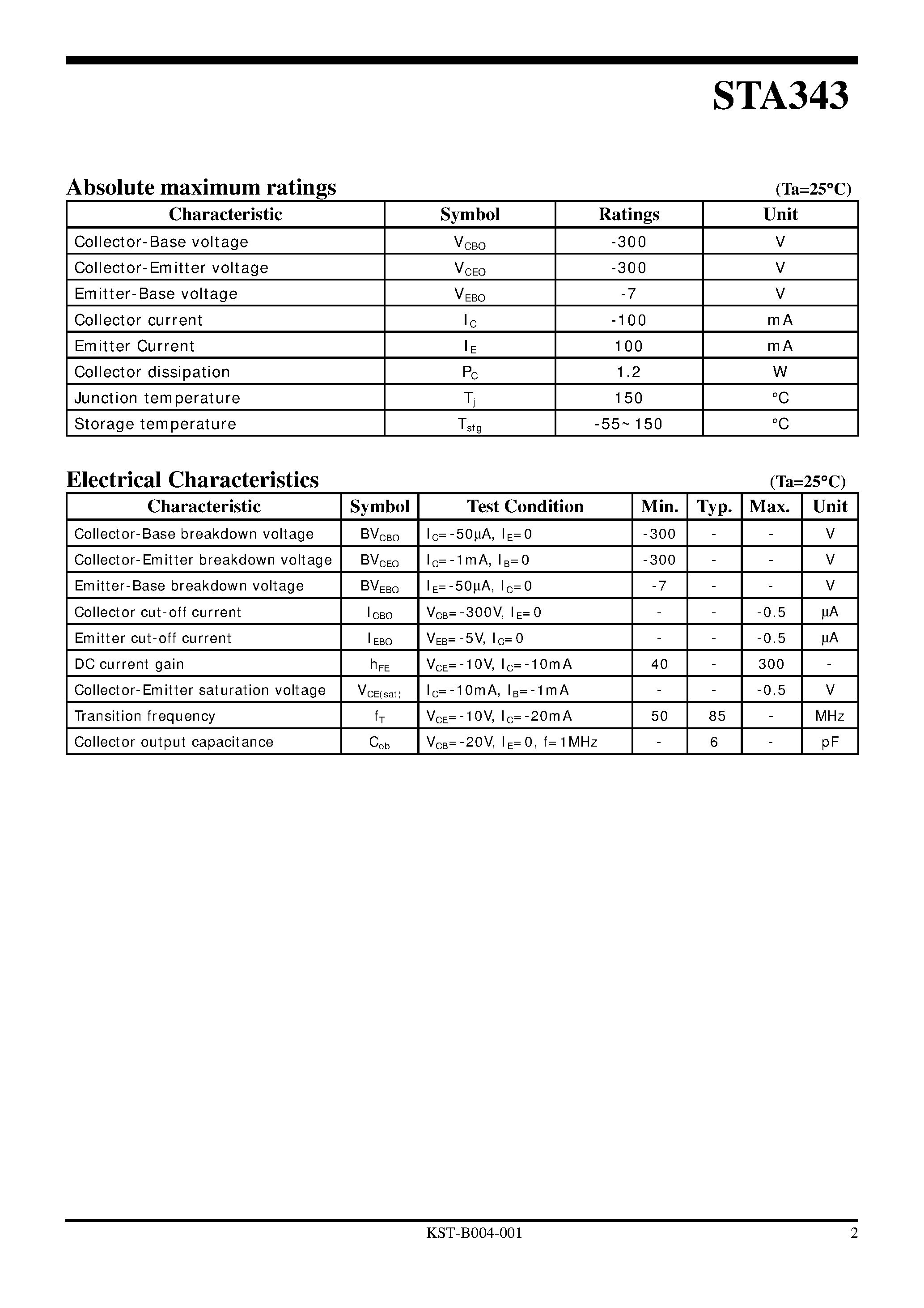 Datasheet STA343 page 2 Datasheet STA343 - PNP Silicon Transistor page 2
