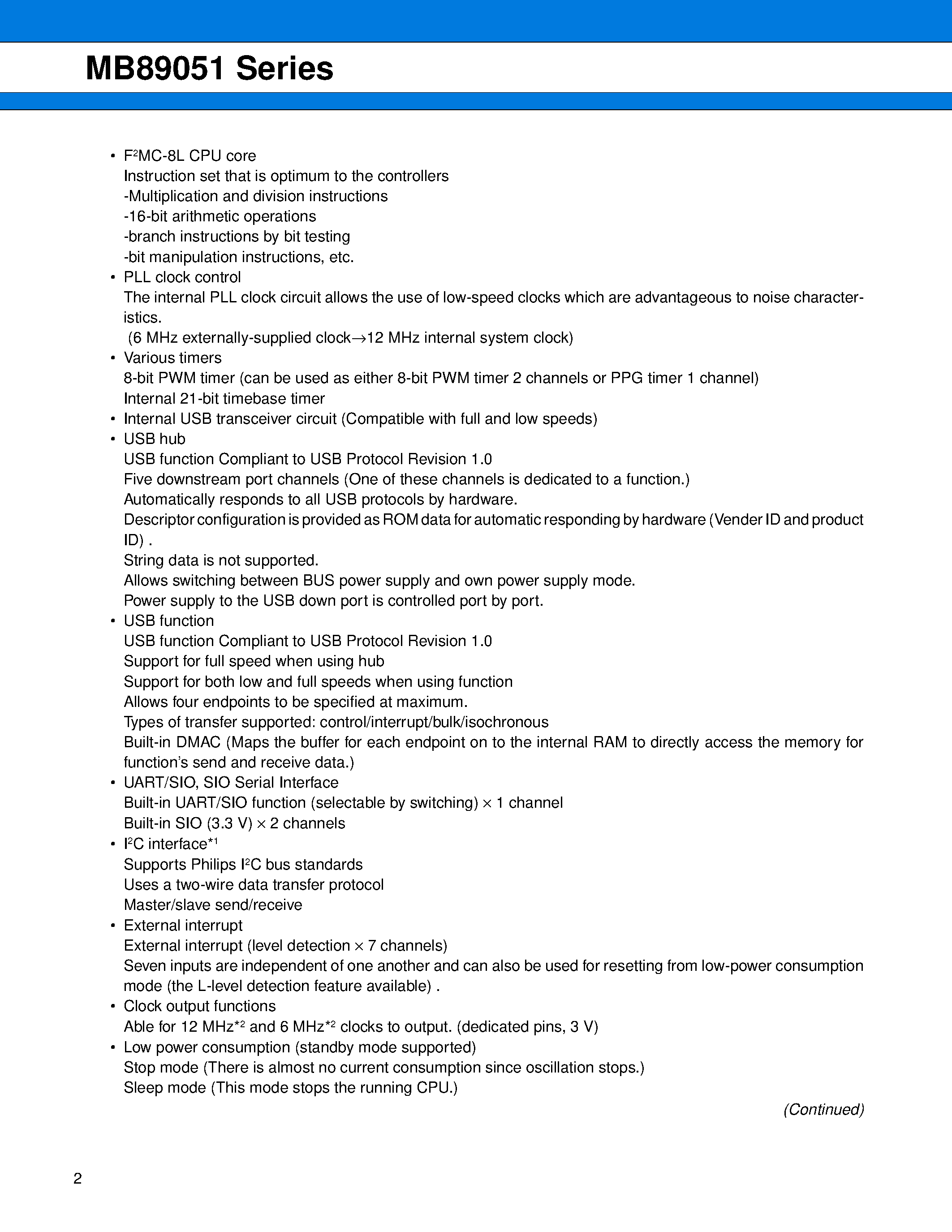 Datasheet MB89051 - 8 Bit Proprietary Microcontrollers page 2