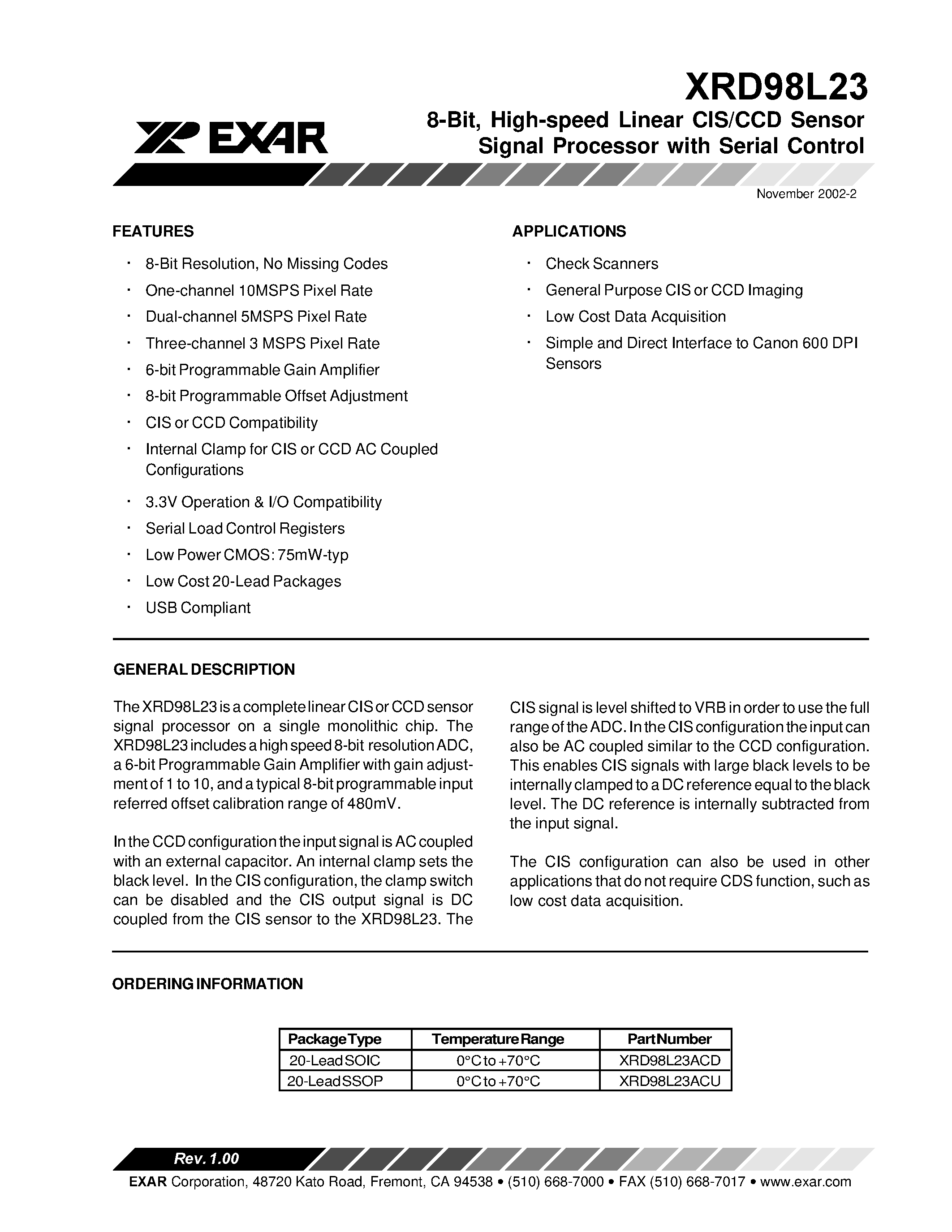 Datasheet XRD98L23 - 8-Bit High-speed Linear CIS/CCD Sensor Signal Processor with Serial Control page 1