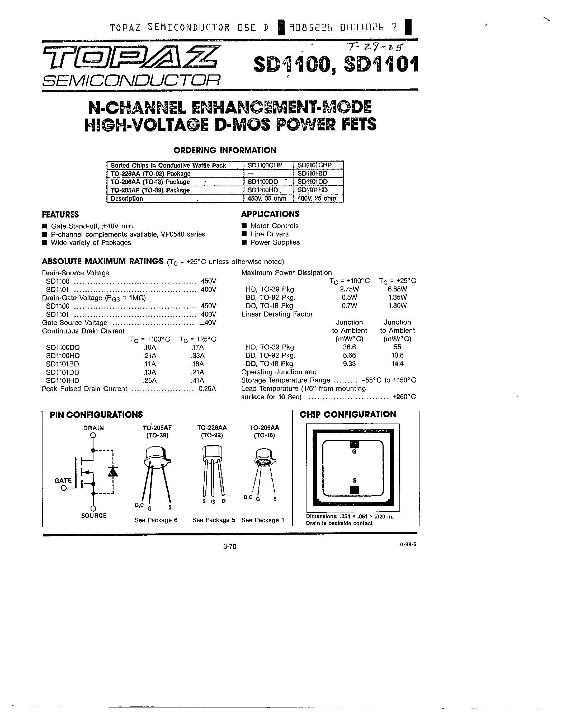 Datasheet SD1100 page 1 Datasheet SD1100 - N CHANNEL ENHANCEMENT MODE HIGH VOLTAGE D MOS POWER FETS page 1
