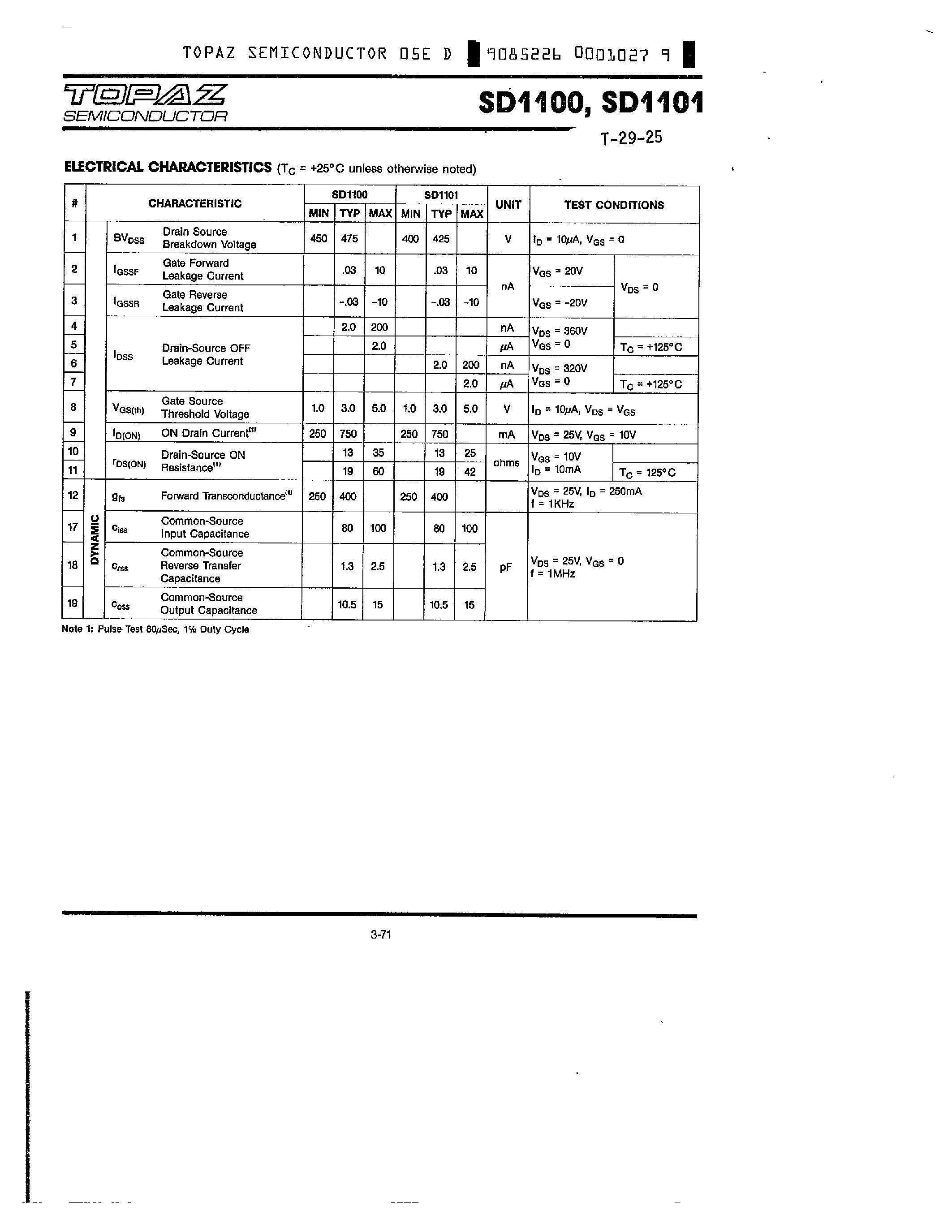 Datasheet SD1100 page 2 Datasheet SD1100 - N CHANNEL ENHANCEMENT MODE HIGH VOLTAGE D MOS POWER FETS page 2