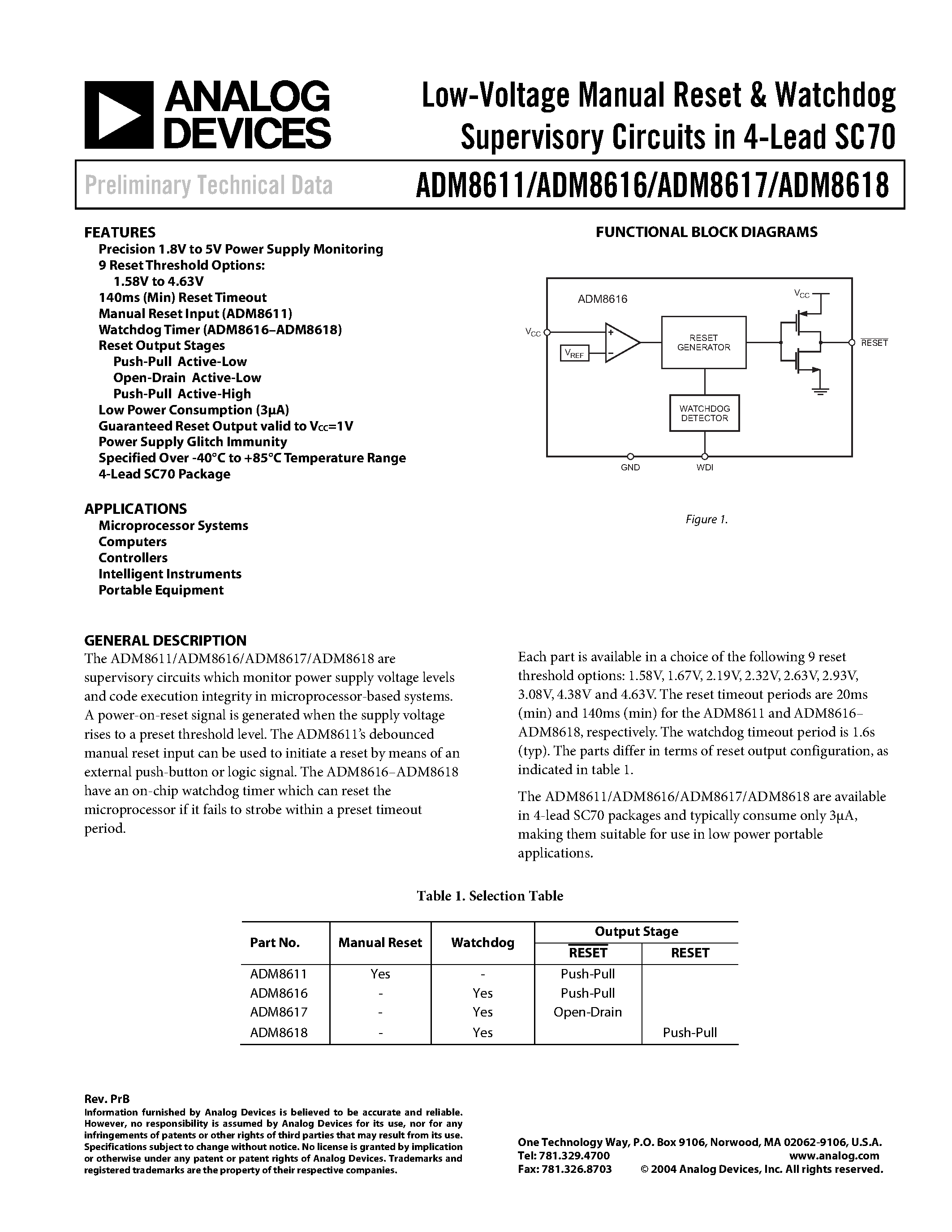 Datasheet ADM8616 - Low-Voltage Manual Reset & Watchdog Supervisory Circuits in 4-Lead SC70 page 1