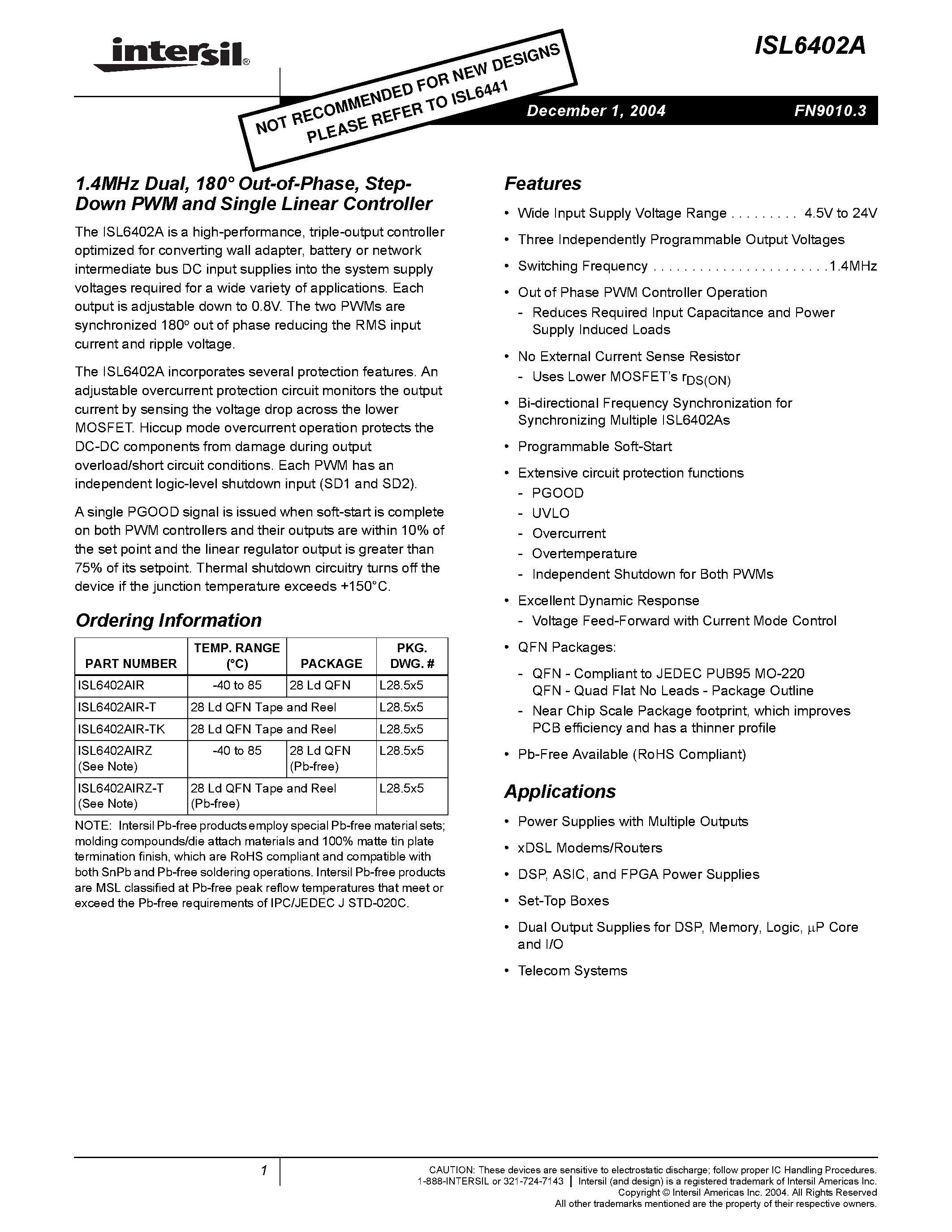 Datasheet ISL6402A - 1.4MHz Dual / 180 Out-of-Phase / Step- Down PWM and Single Linear Controller page 1