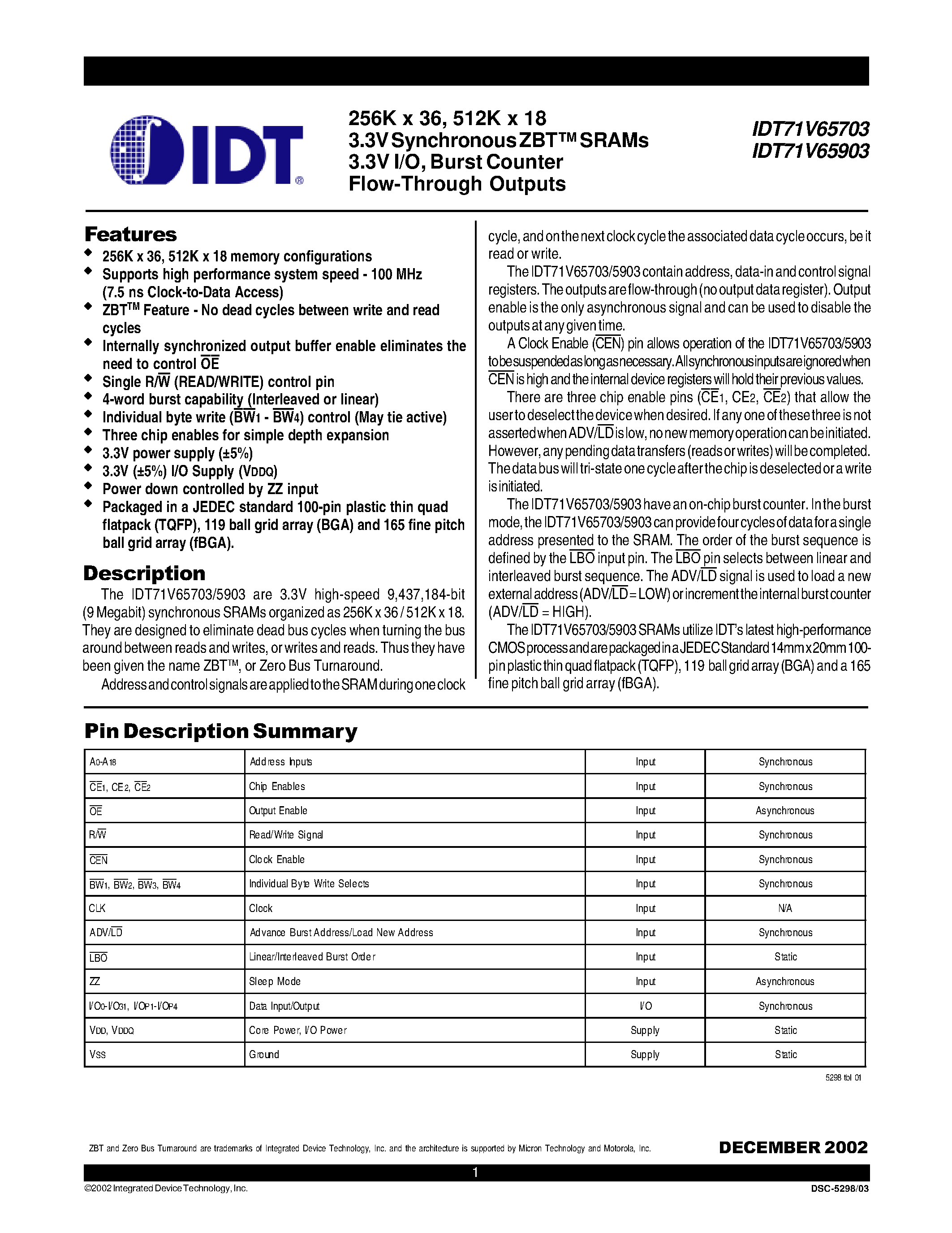 Datasheet IDT71V65903 - 256K x 36 / 512K x 18 3.3V Synchronous ZBT SRAMs page 1